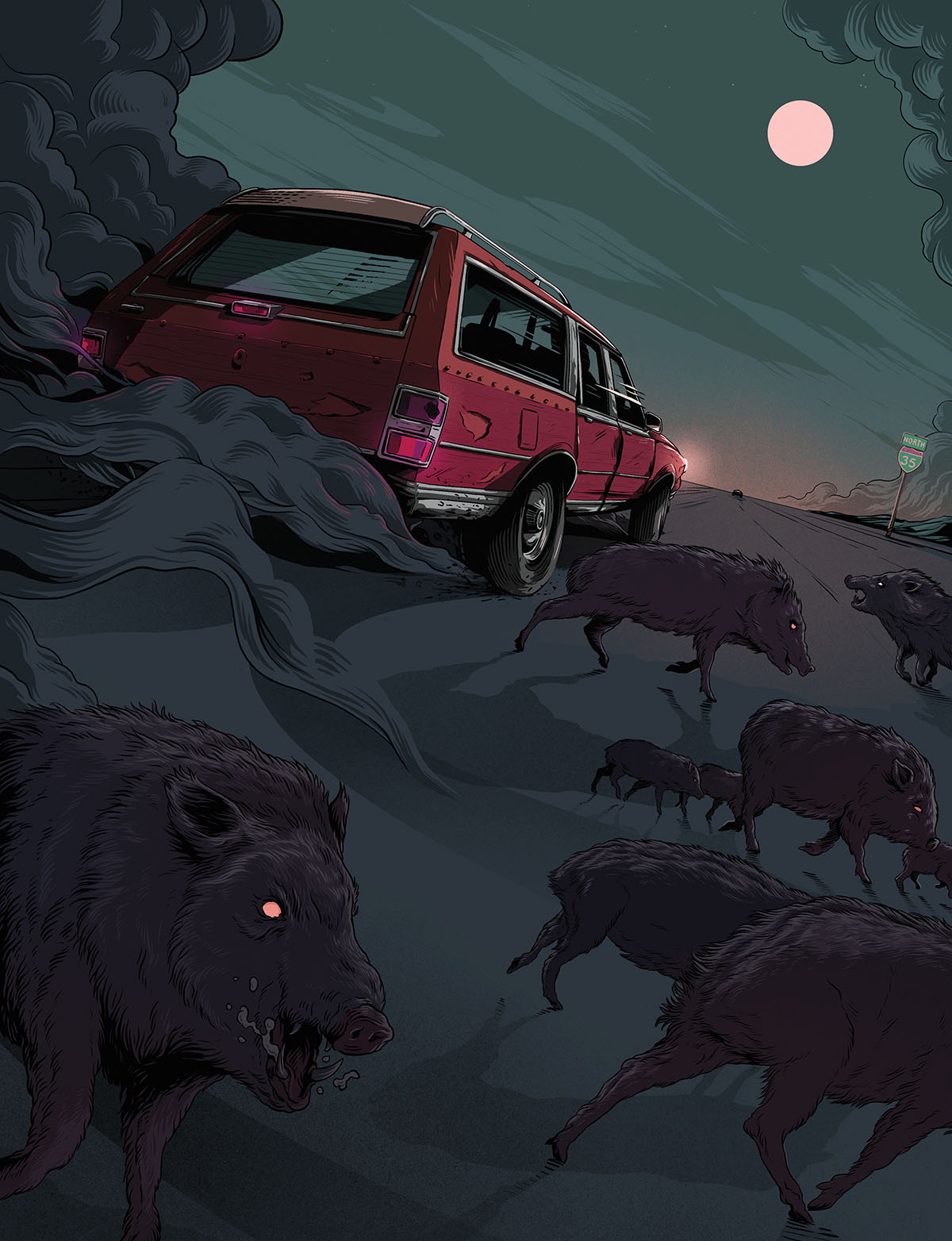 Red-eyed javelinas chase after a red car under the moonlight in this illustration