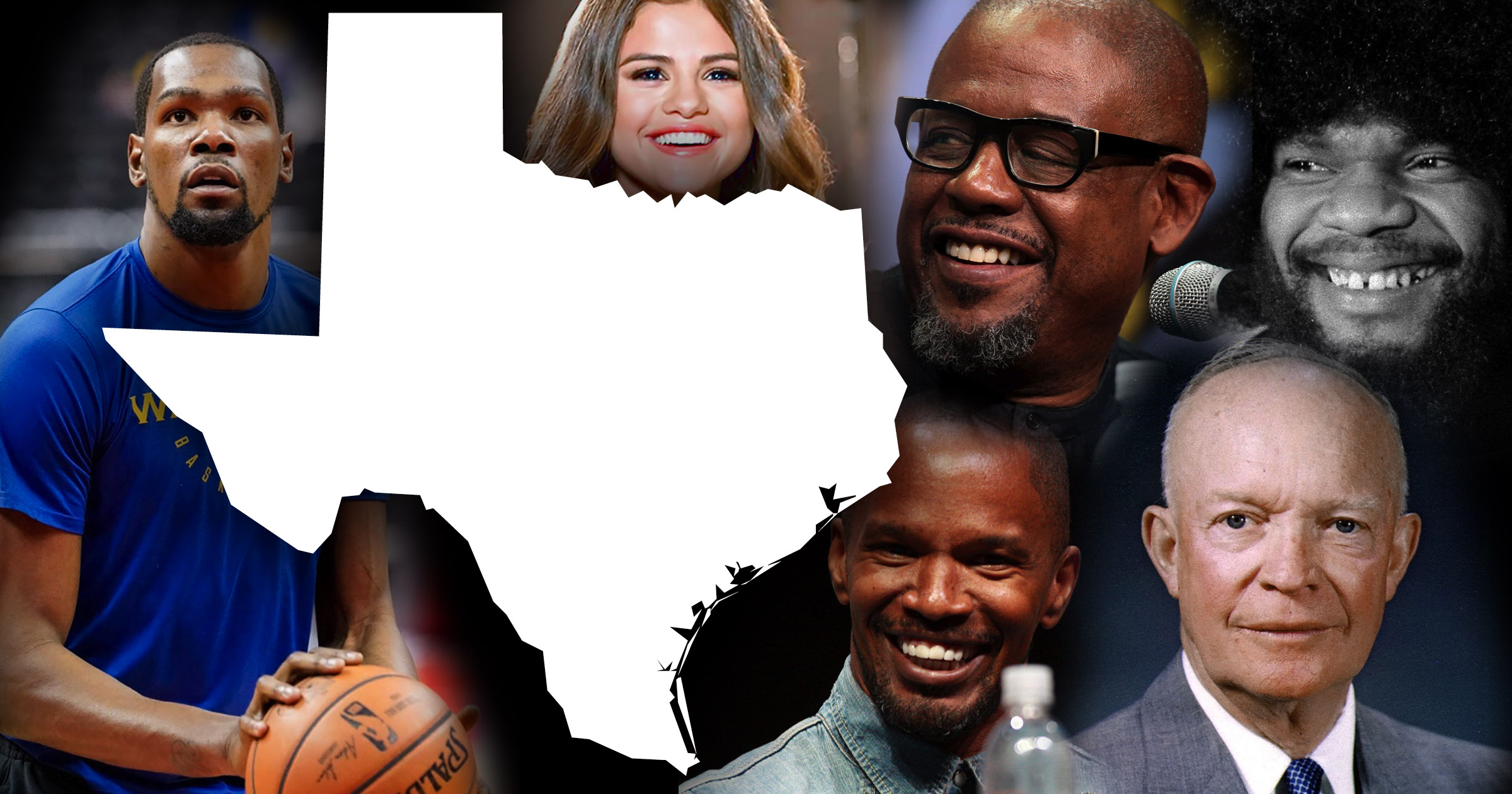 A collage of notable people surrounding an illustration of the state of Texas