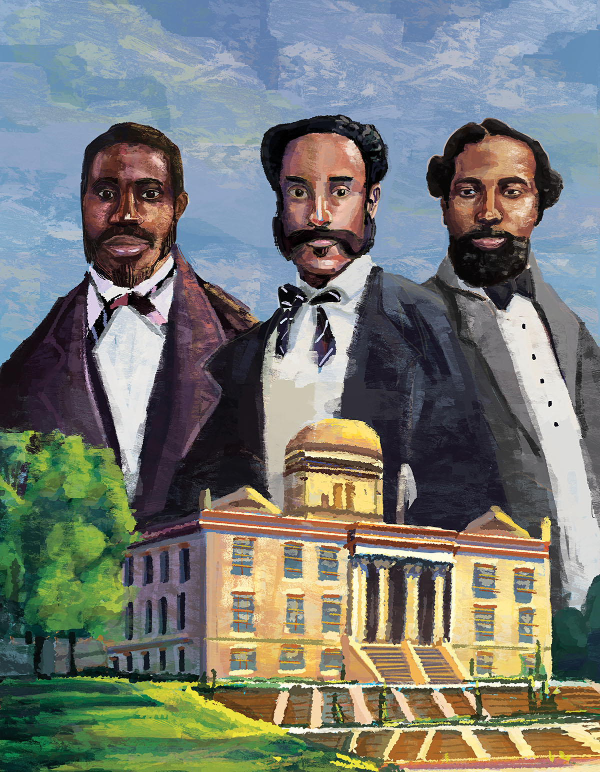 An illustration showing three men in suits above the Texas capitol