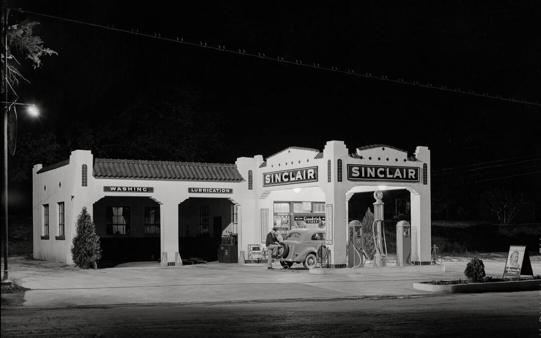 A Nocturnal Motorist Stops for Gas at a San Augustine Sinclair Station in 1939