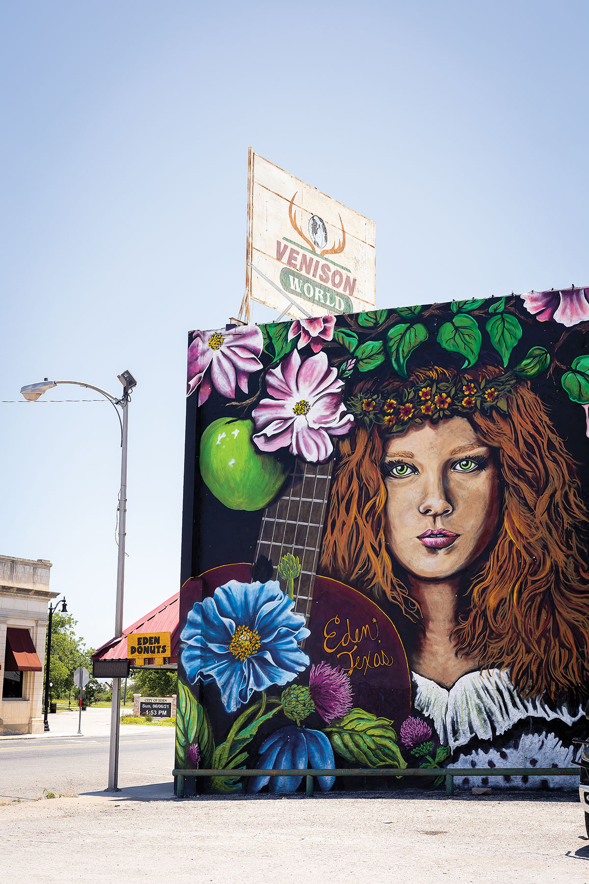 A mural of a woman surrounded by flowers and a guitar under a sign reading 'Venison World'