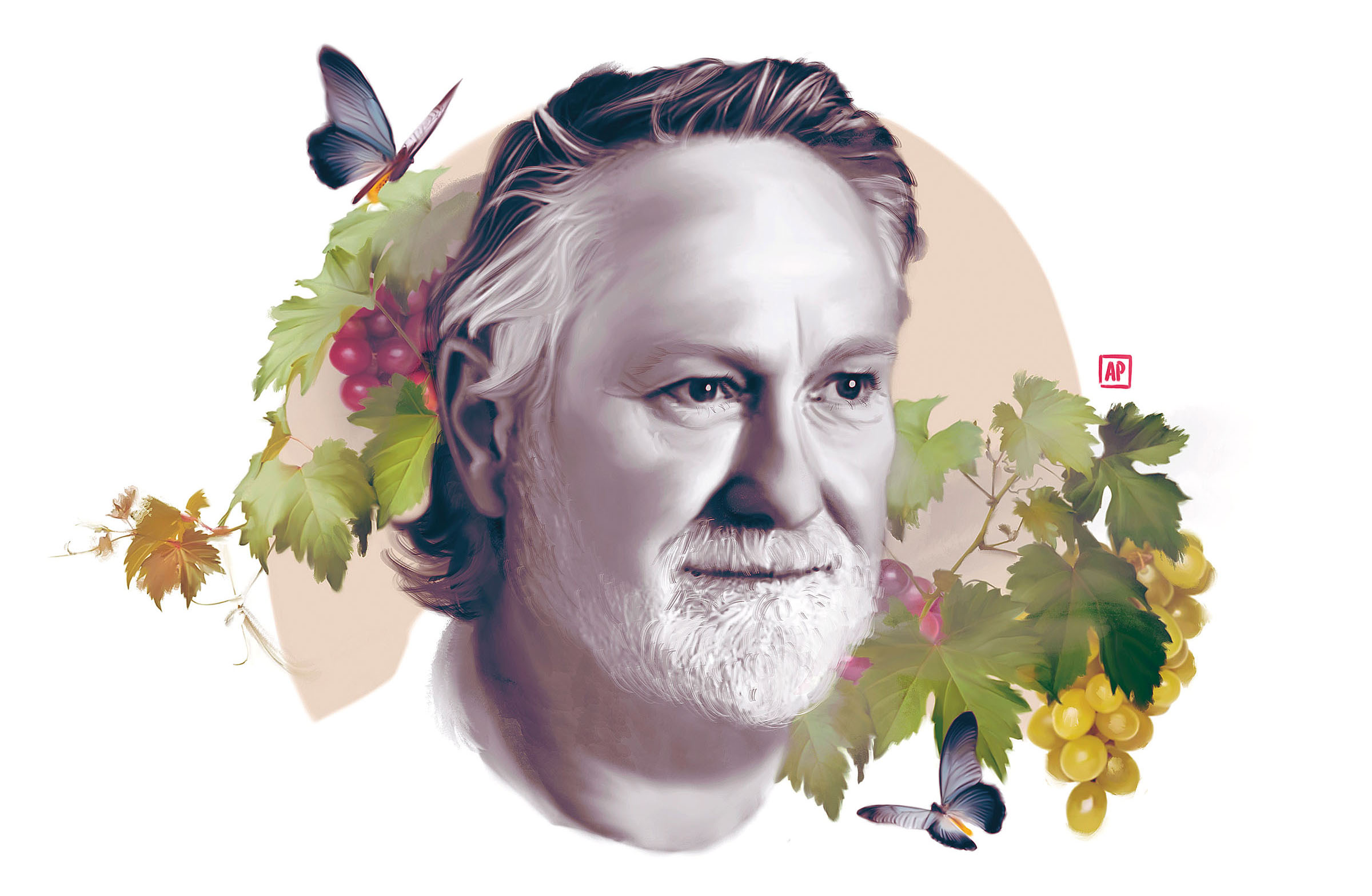 An illustration of a man with a beard surrounded by grapes and butterflies