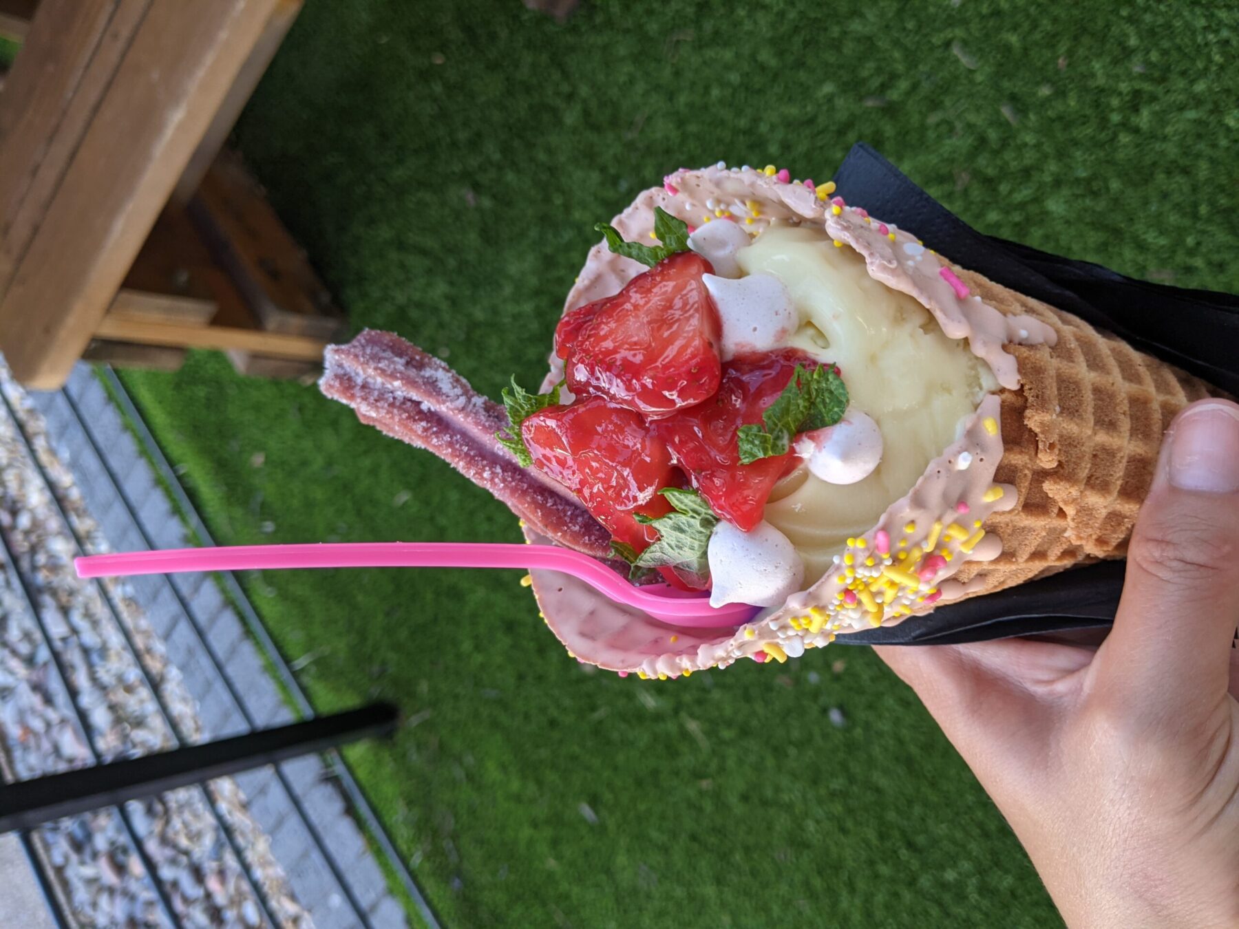 ice cream cone, strawberries, austin, hand
