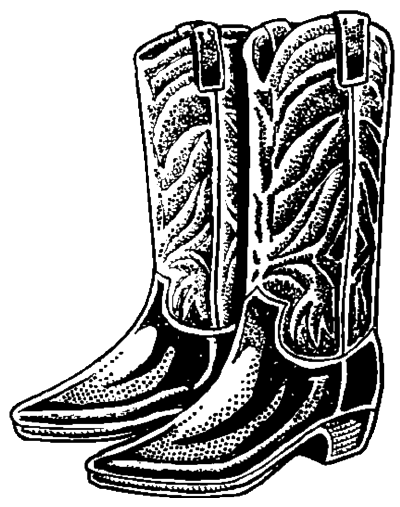 A black and white illustration of a pair of cowboy boots