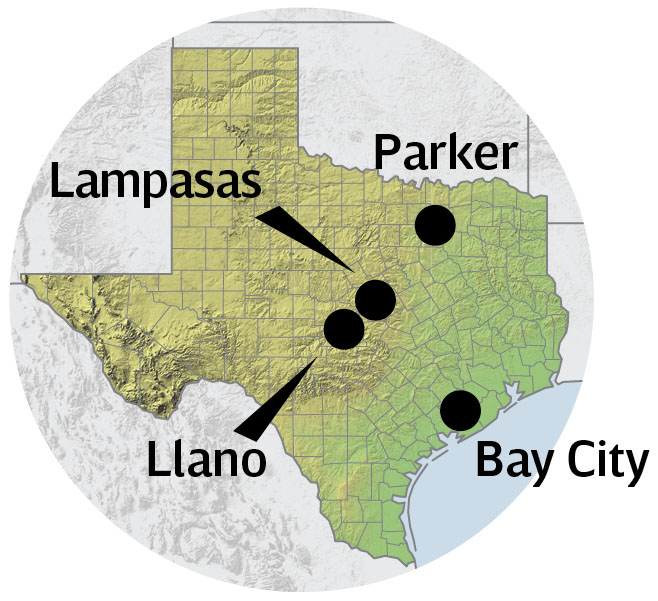 A map showing Lampasas, Parker, Bay City, and Llano
