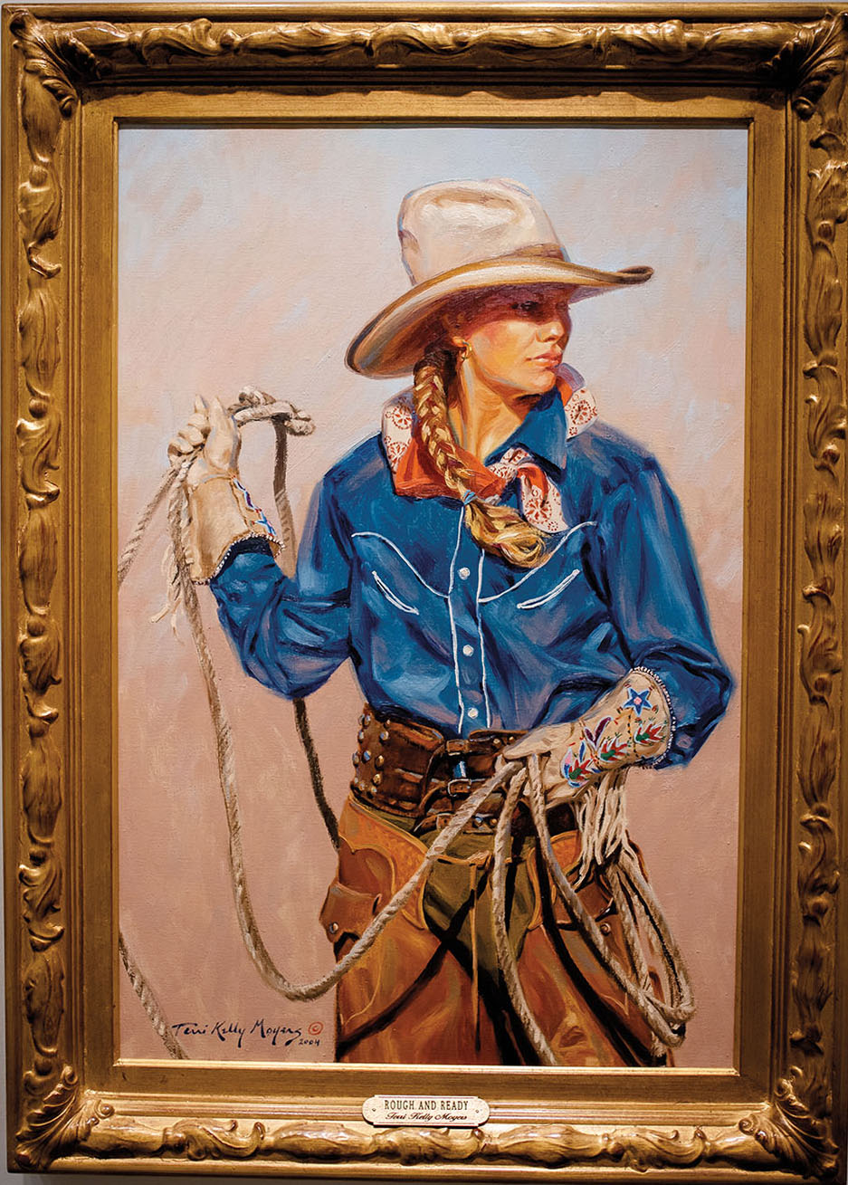 A painting of a cowgirl holding a rope in a denim shirt, in a golden frame
