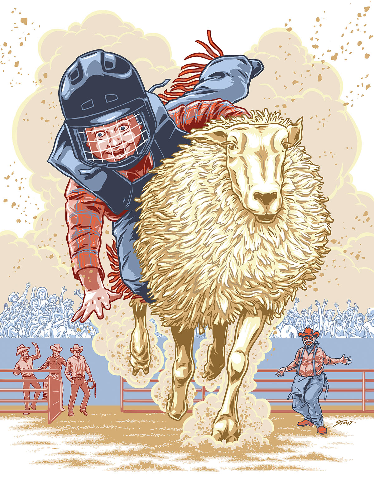 A colorful illustration of a young person wearing blue and red and a dark blue helmet leaning off the side of a cream-colored sheep, running fast