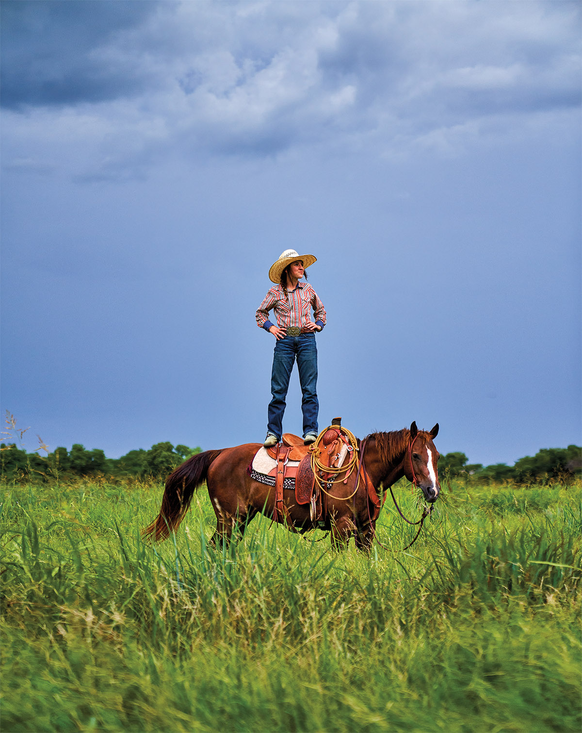 A woman in a brightly-colored shirt and cowboy hat stands on top of a brown horse in a green field