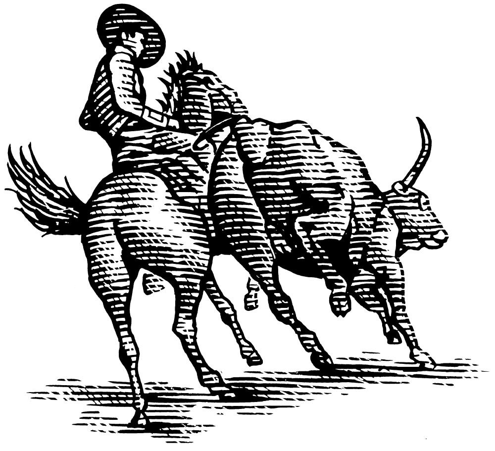 An illustration of a man on a horse guiding a bucking bull