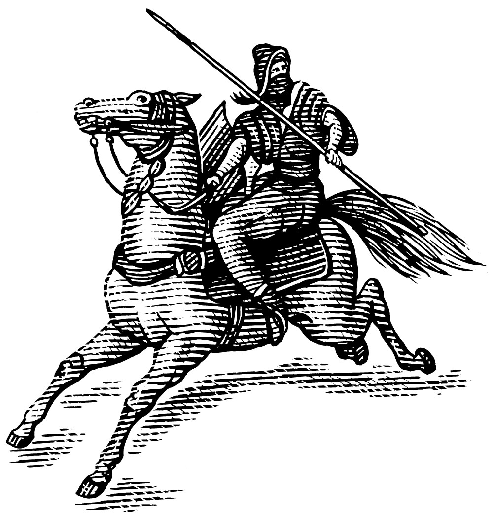 An illustration of a heavily-dressed man on a horse holding a long pole