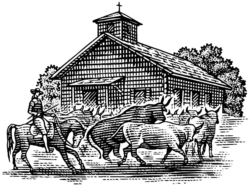 An illustration of a man on a horse guiding cattle into a barn