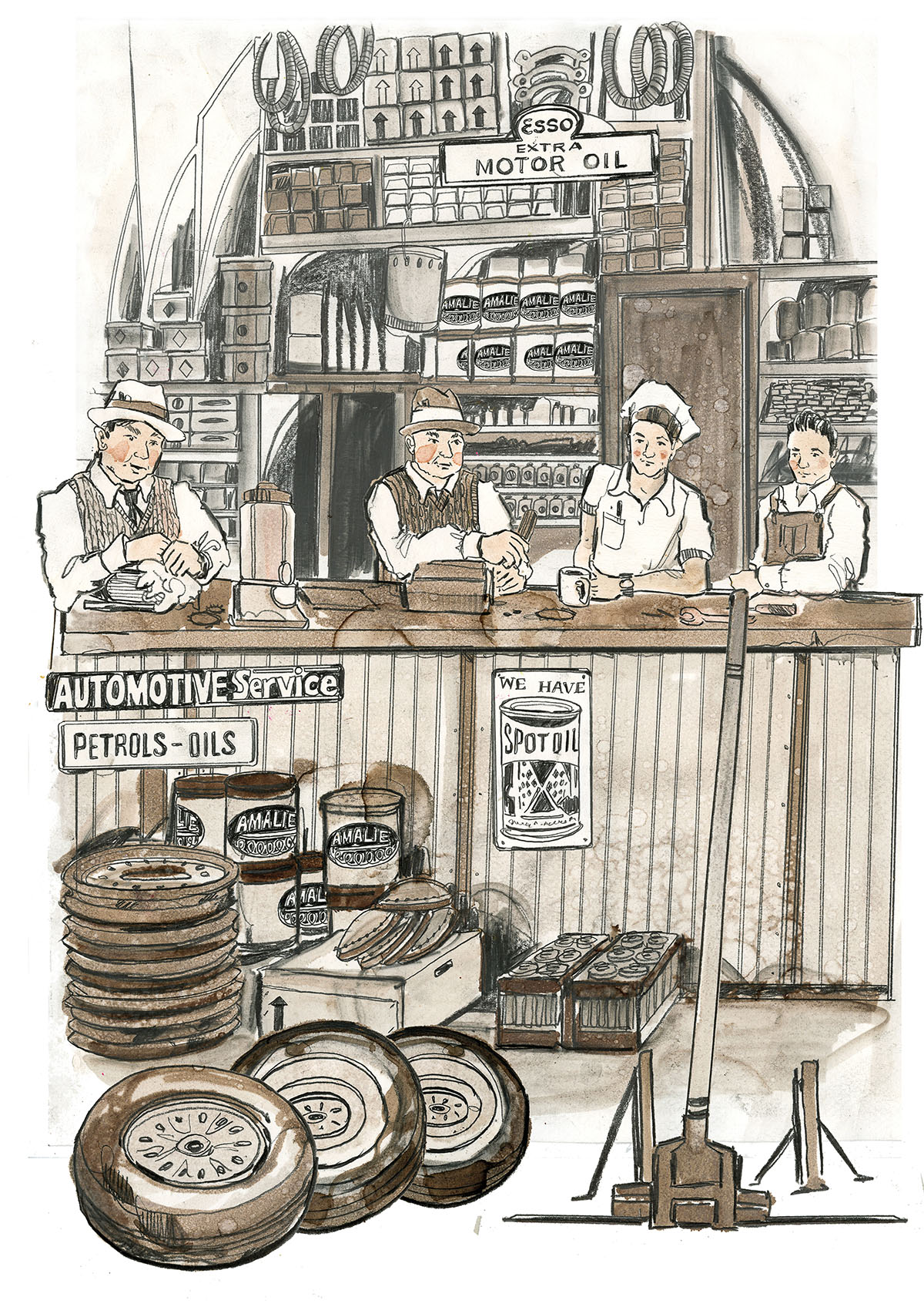 An illustration showing a crowded storefront with four well-dressed employees at a counter