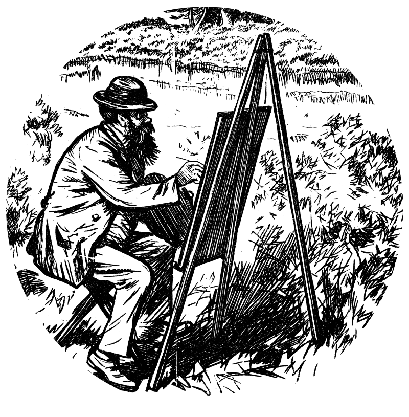 An illustration of a man with a beard drawing on an easel