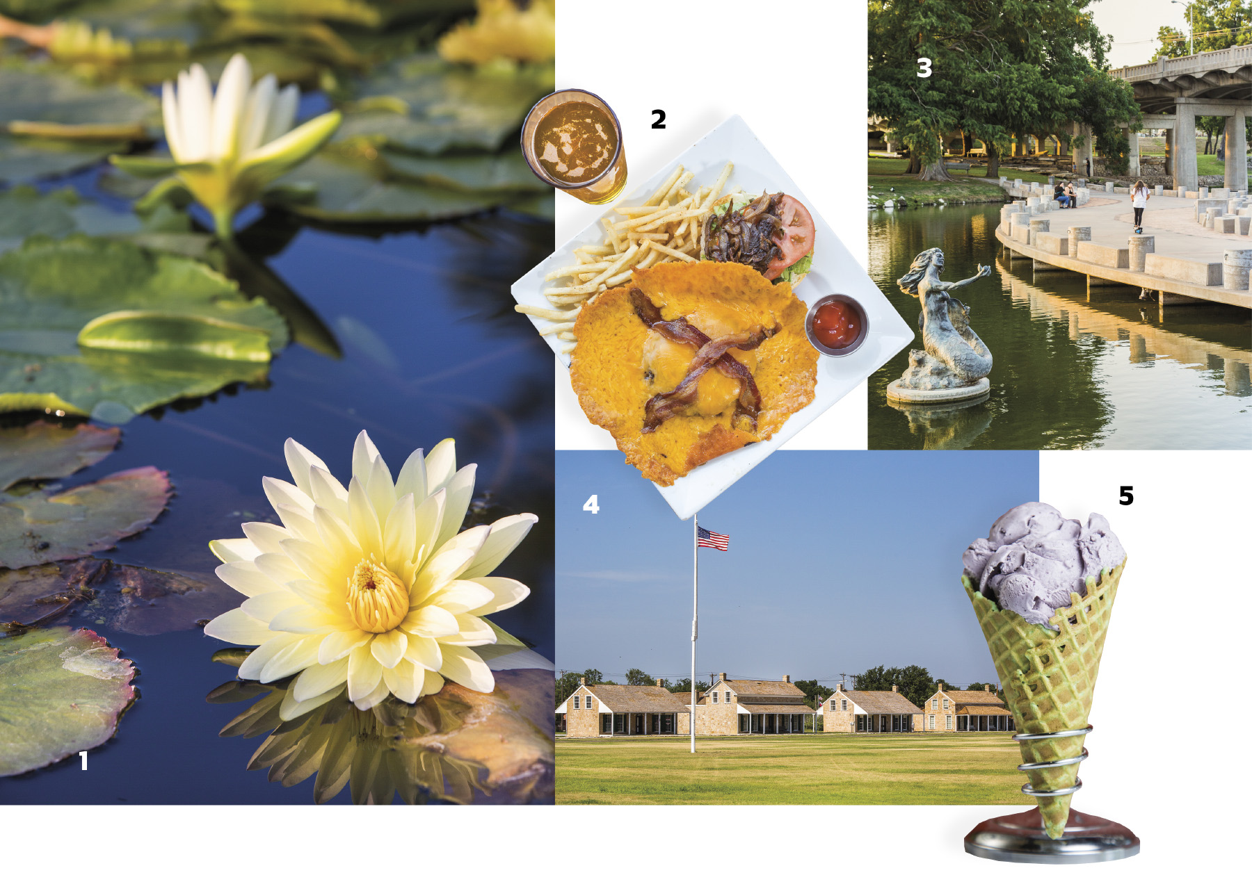 A collage of items from San Angelo, including flowers growing on water lillies, a plate of food with beer, a statue in water, military fort, and an ice cream cone