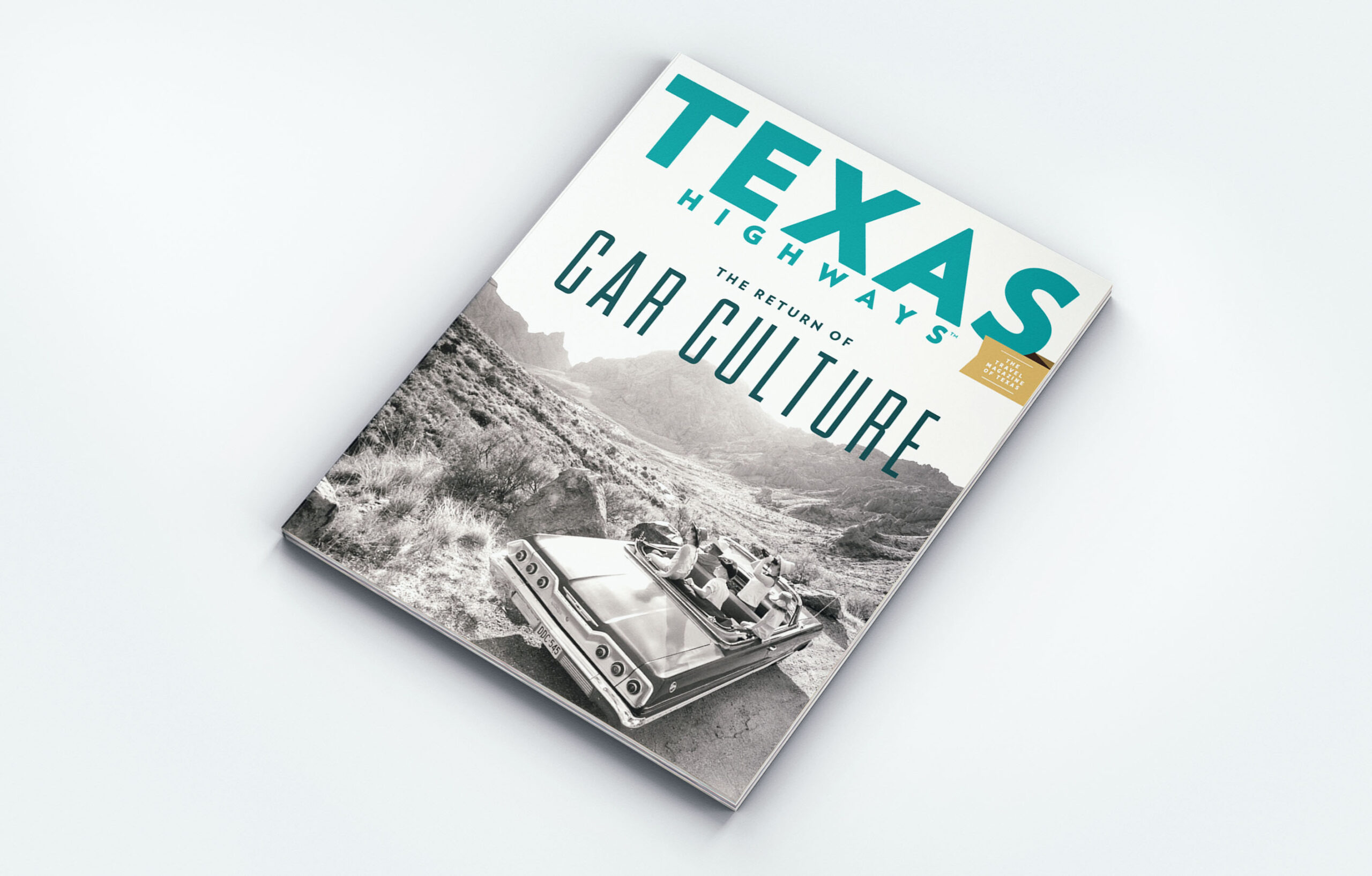 The cover of Texas Highways' February 2021 issue, "The Return of Car Culture" showing teal type reading "Texas Highways" and a black and white picture of a family pulled to the side of the road