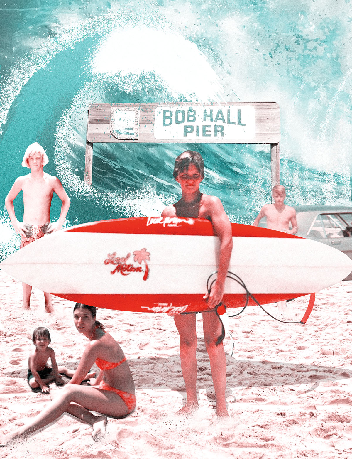 An illustration of a young man hodling a surfboard in front of a sign reading 'Bob Hall Pier'