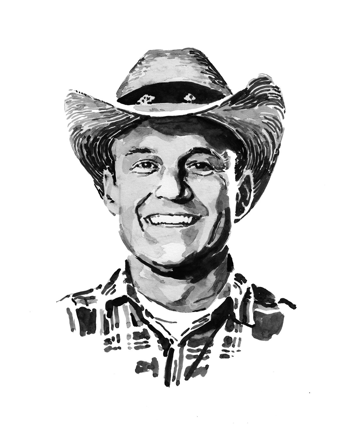 A black and white illustration of a man in a cowboy hat