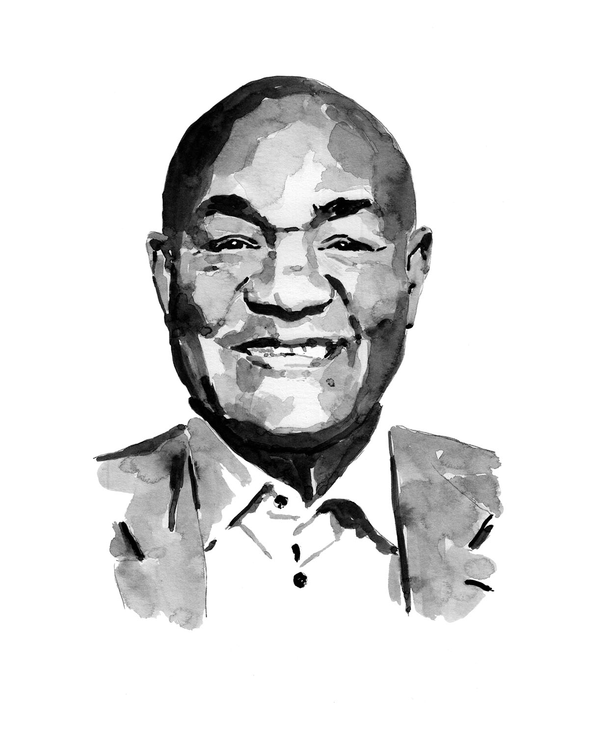 A black and white illustration of a smiling man in a collared shirt and vest