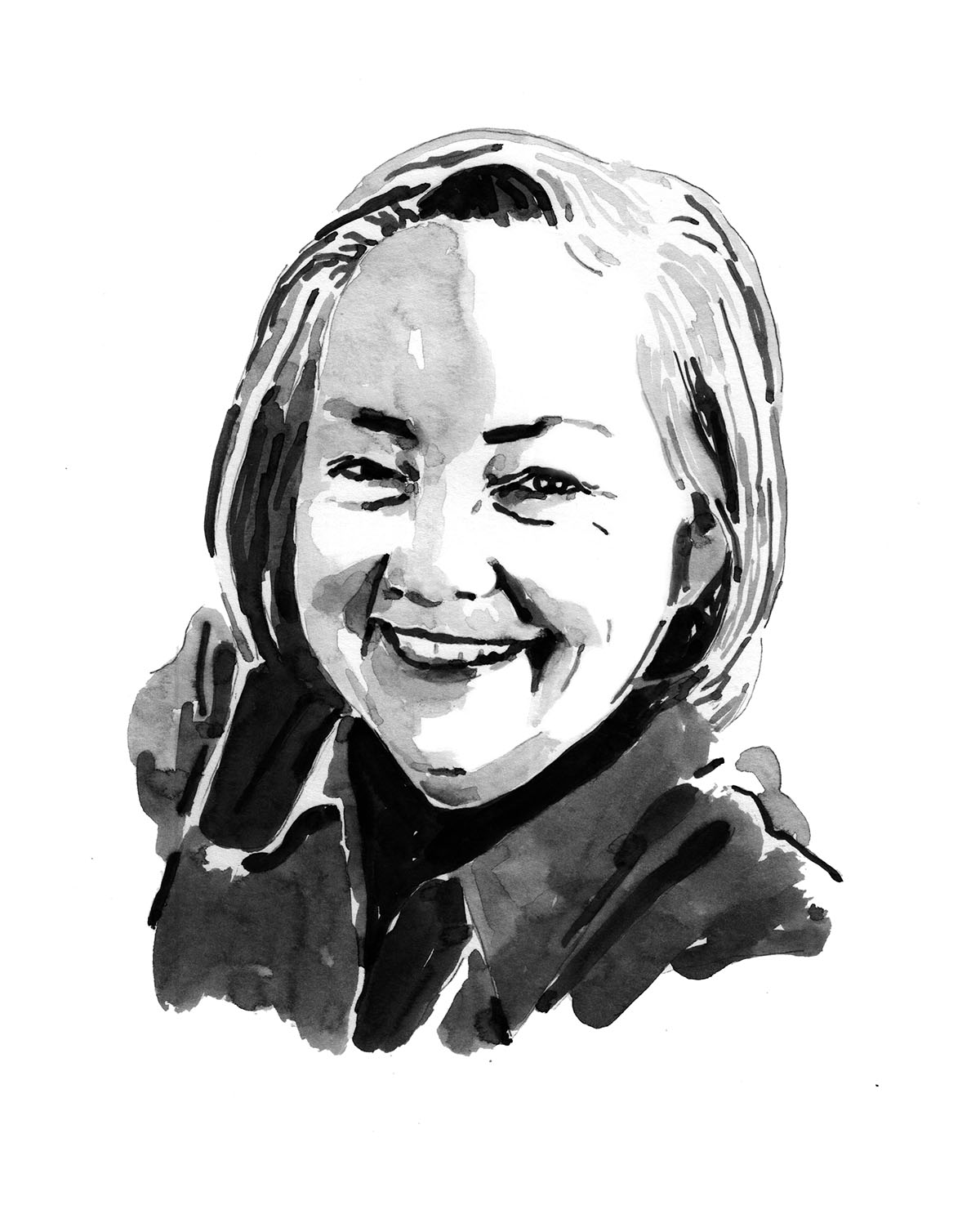 A black and white illustration of a smiling woman