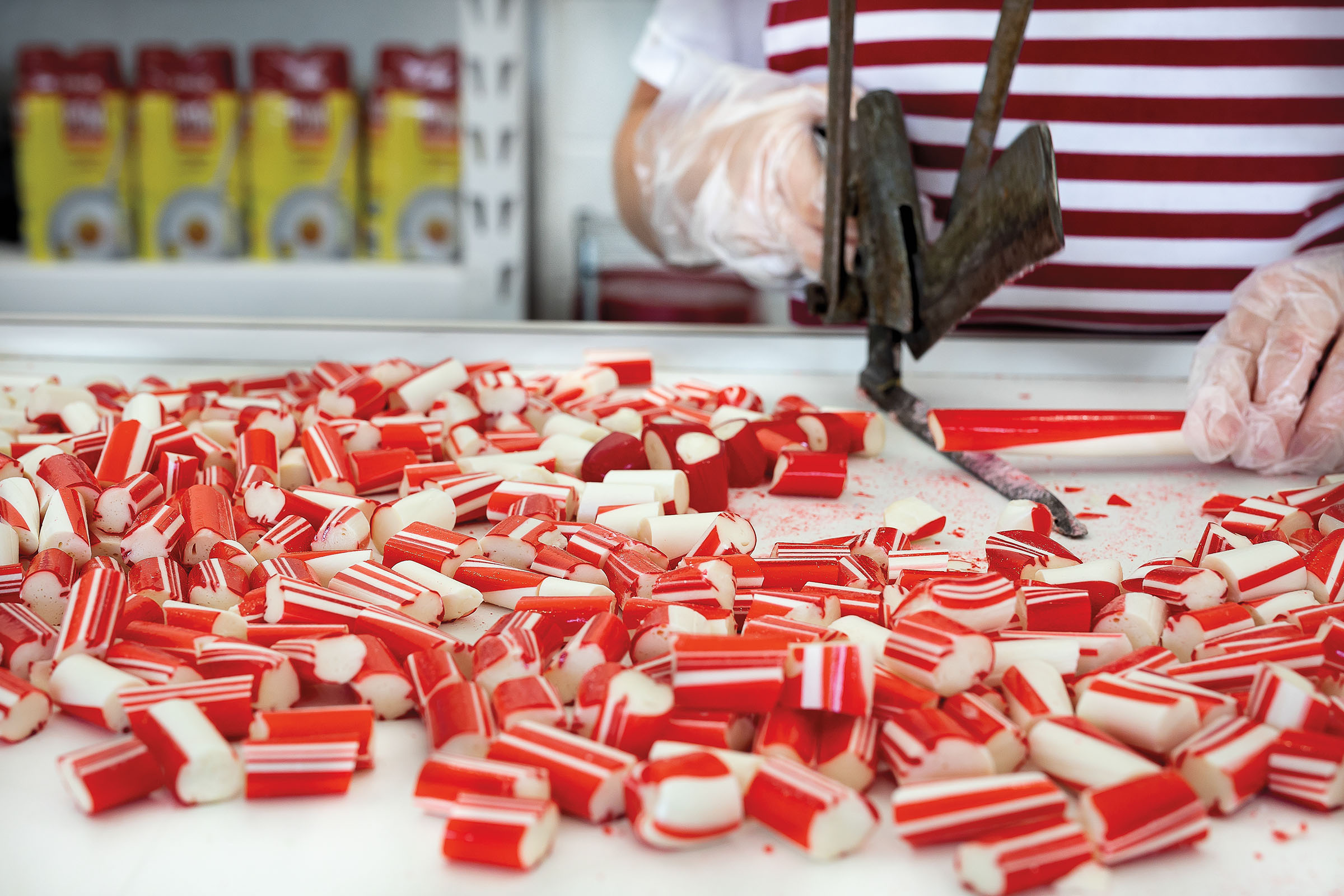 A pile of bright red and white candies