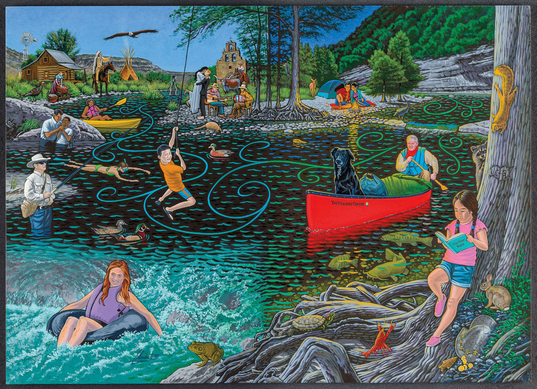 An illustration showing people canoeing, fly fishing, hanging from a rope swing, camping and reading a book near a river