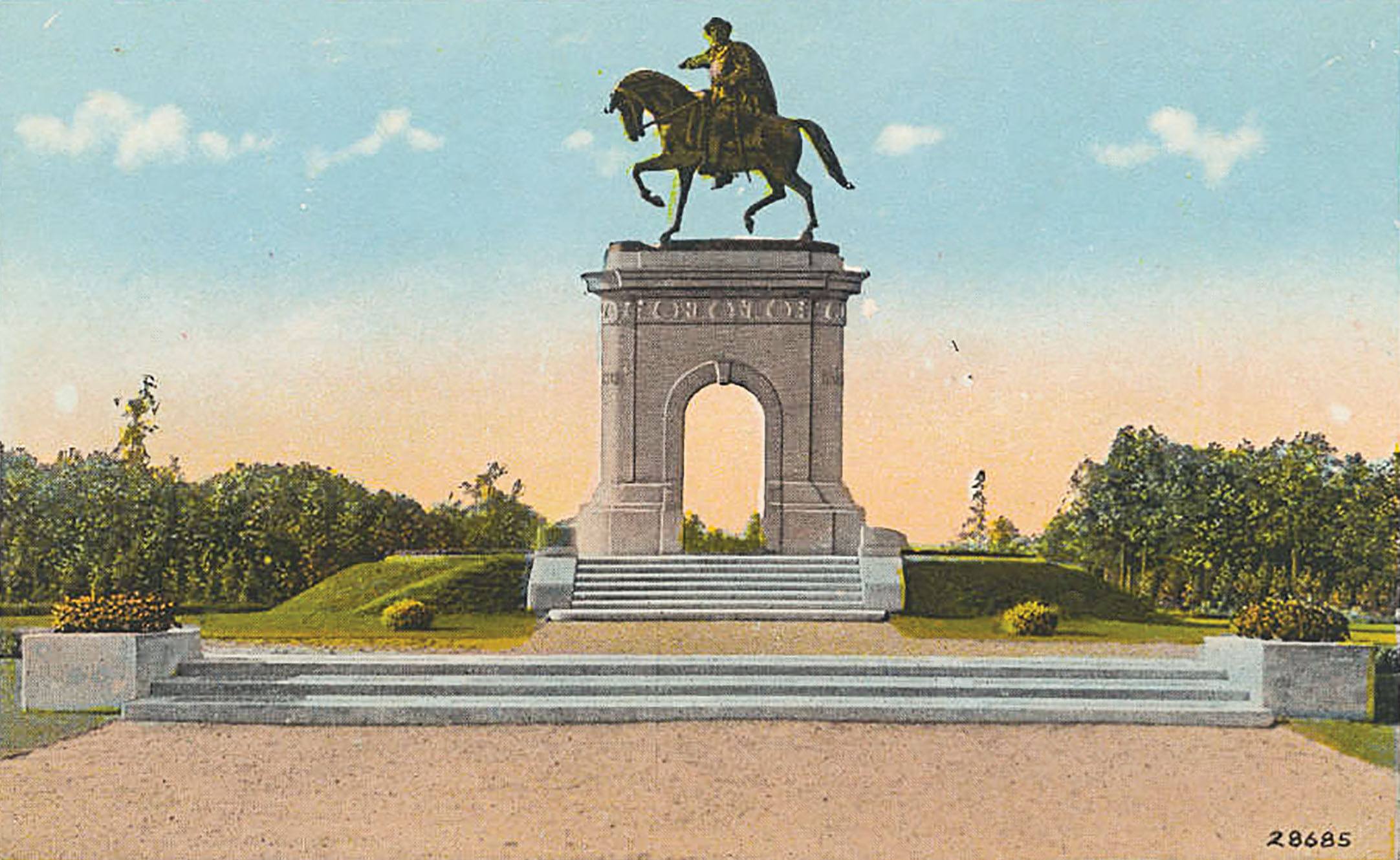 An old-fashioned color drawing of a statue of Sam Houston on a horse, still on display at Hermann Park