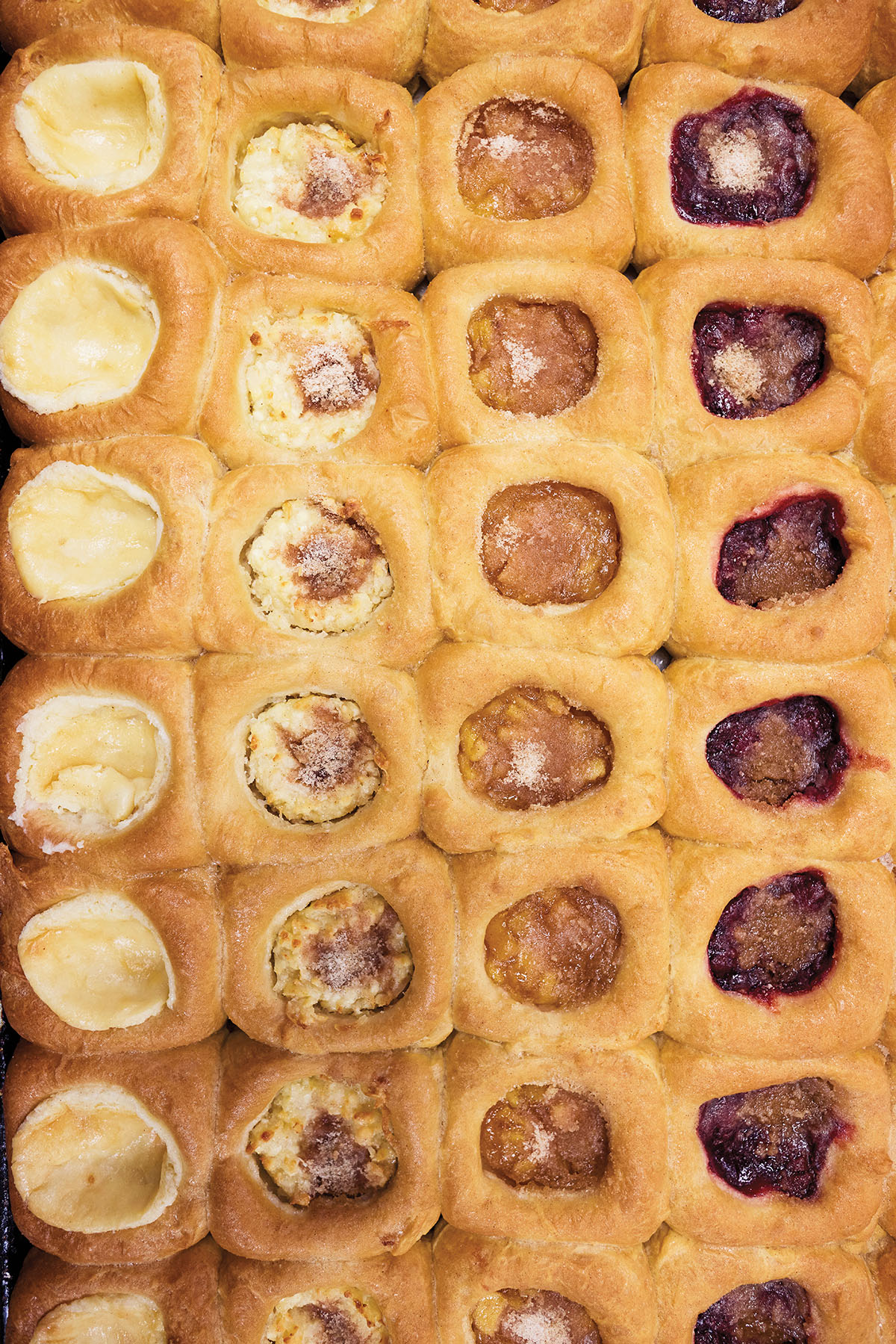 An overhead view of golden brown kolaches filled with red, orange, and white fillings