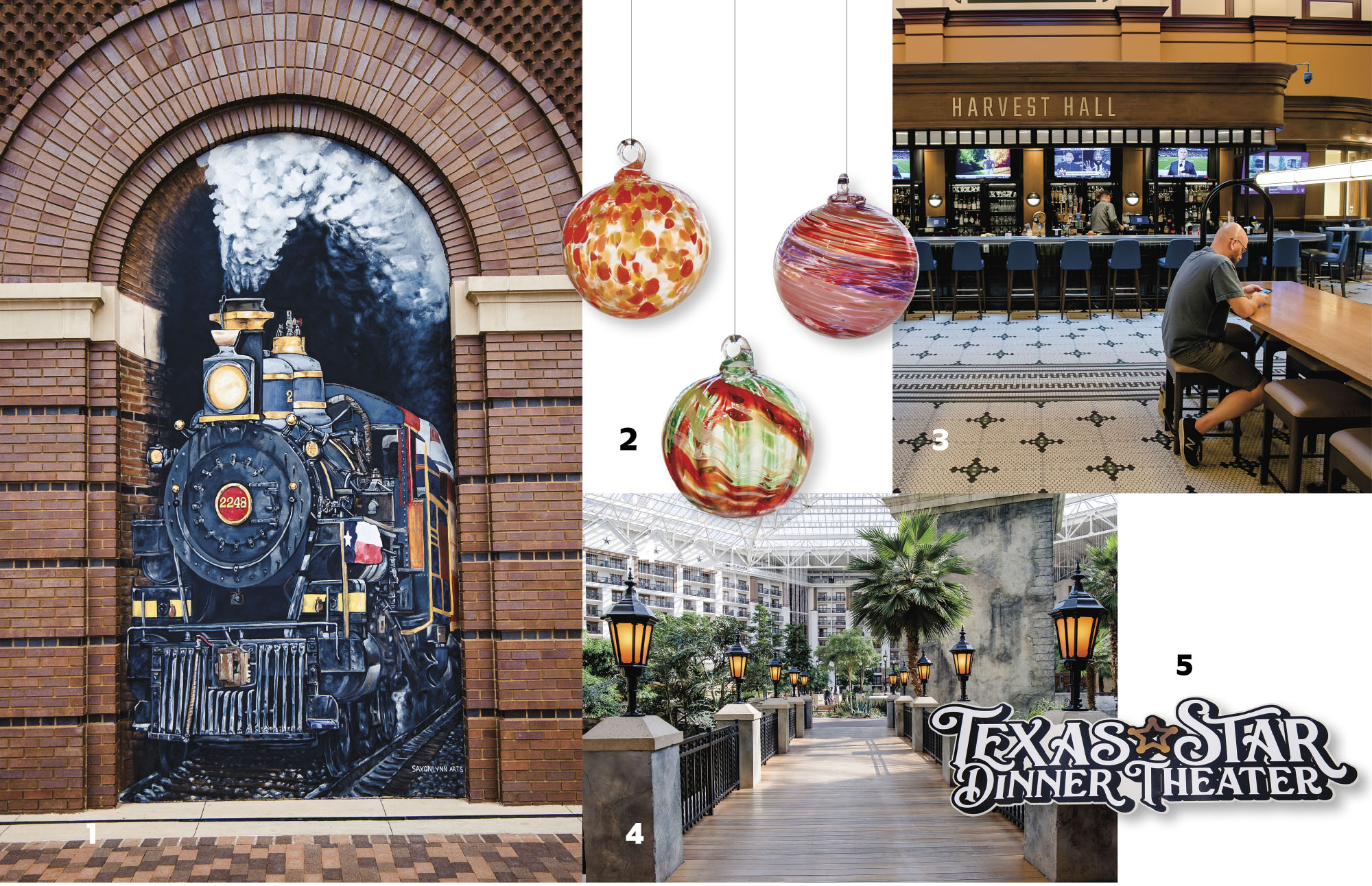 A collage of places and things to do in Grapevine, including a steam locomotive parked in a brick archway, glass ornaments, a downtown scene and a sticker reading "Texas Star Dinner Theater"