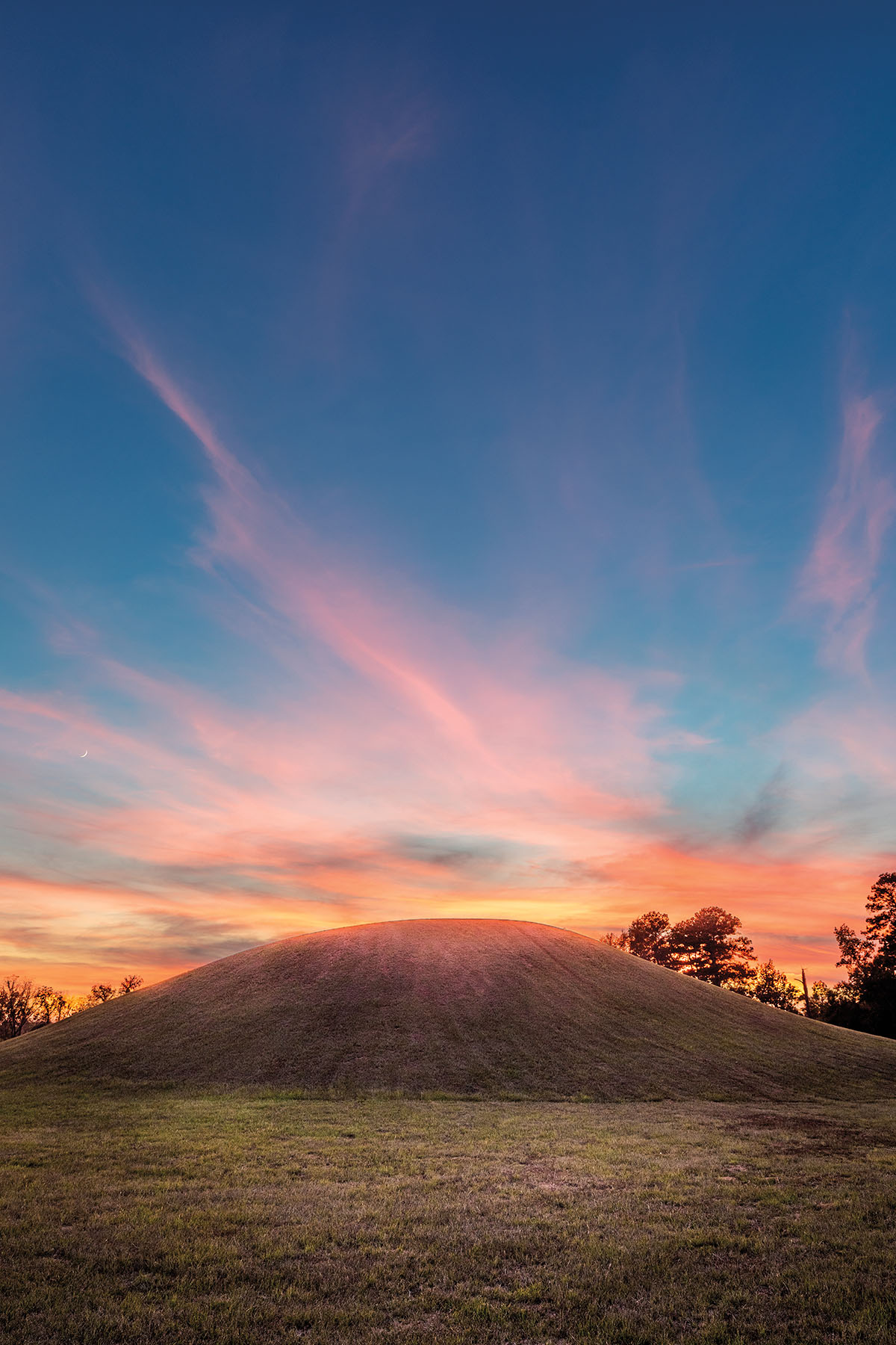 A mound of earth topped with green and brown grass in a pink and blue sunset with a few whispy clouds