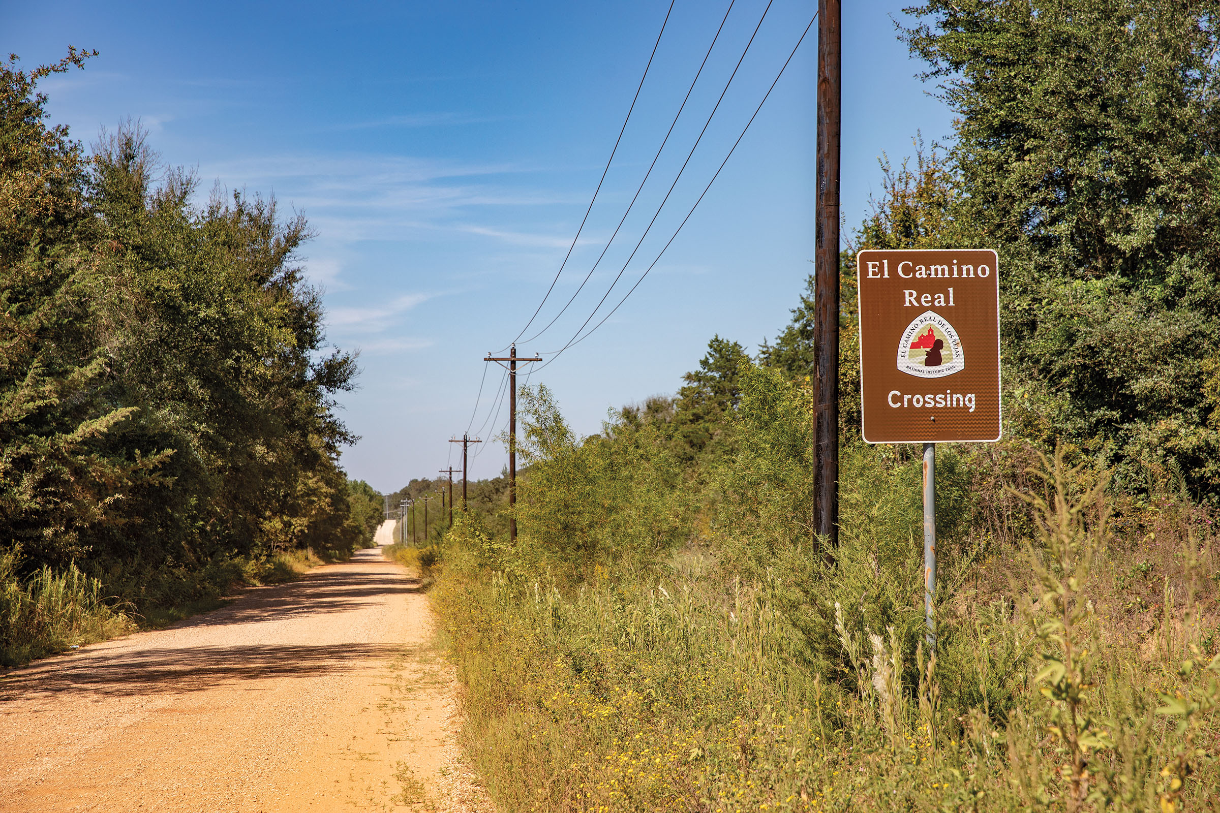A brown sign reading "El Campino Real Crossing" alongside a dirt road with short grasses and trees on each side