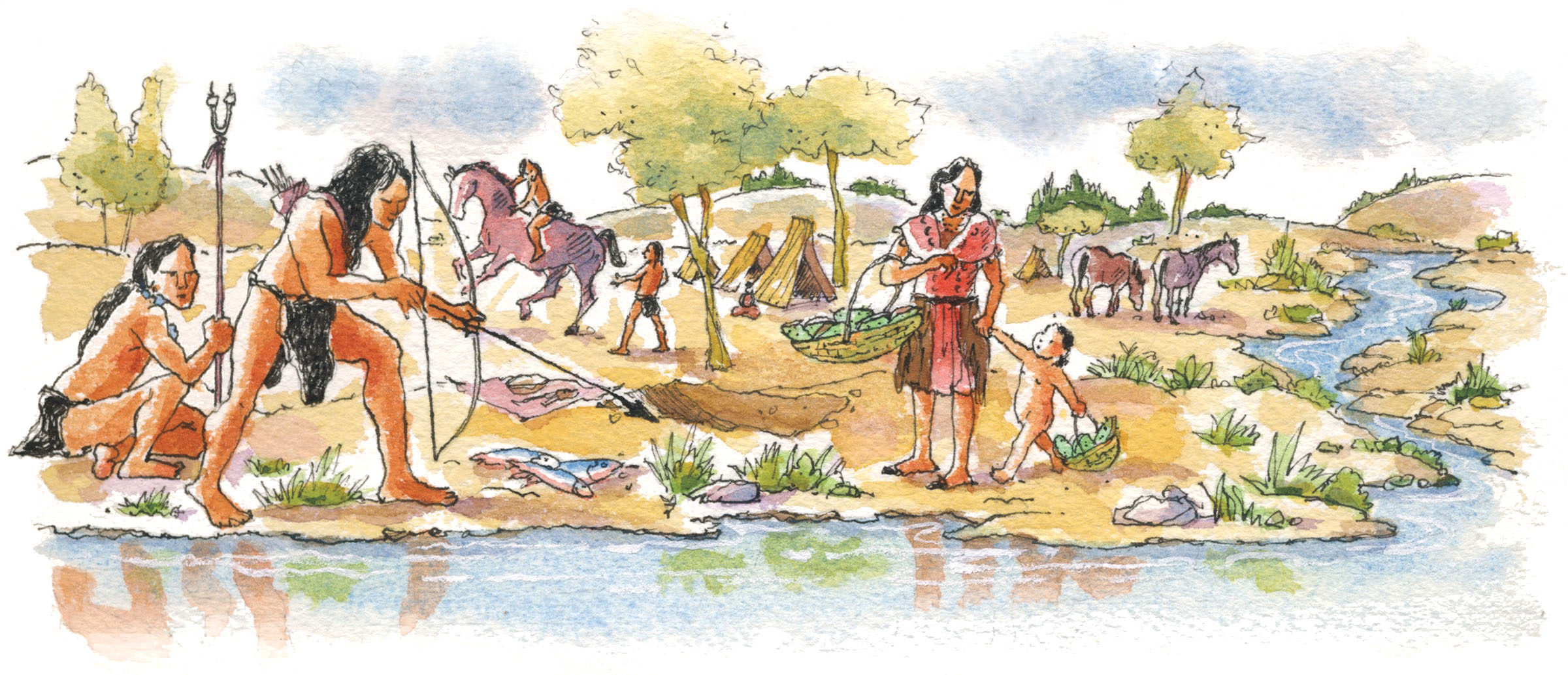 An illustration showing Native Americans fishing and gathering food near the banks of a river