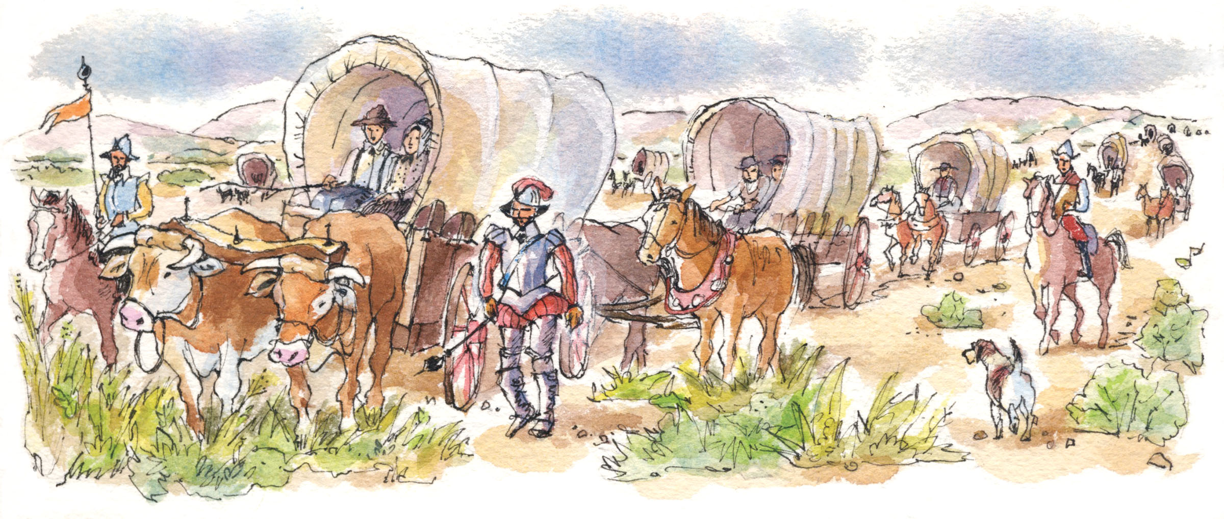 An illustration showing people in Spanish exploration dress, brown horses and covered wagons on a grassy plain