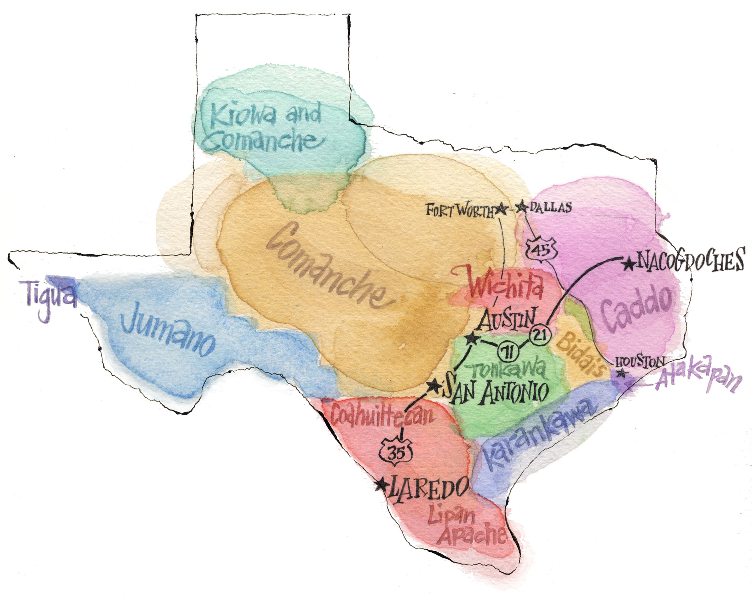 A colorful, watercolor map showing the location of various Native American tribes as well as the path of the El camino real