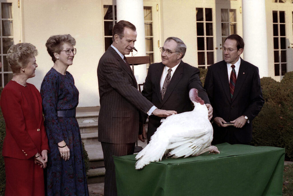 A group of people stand and watch a man in a dark brown suit put his hand on a white turkey