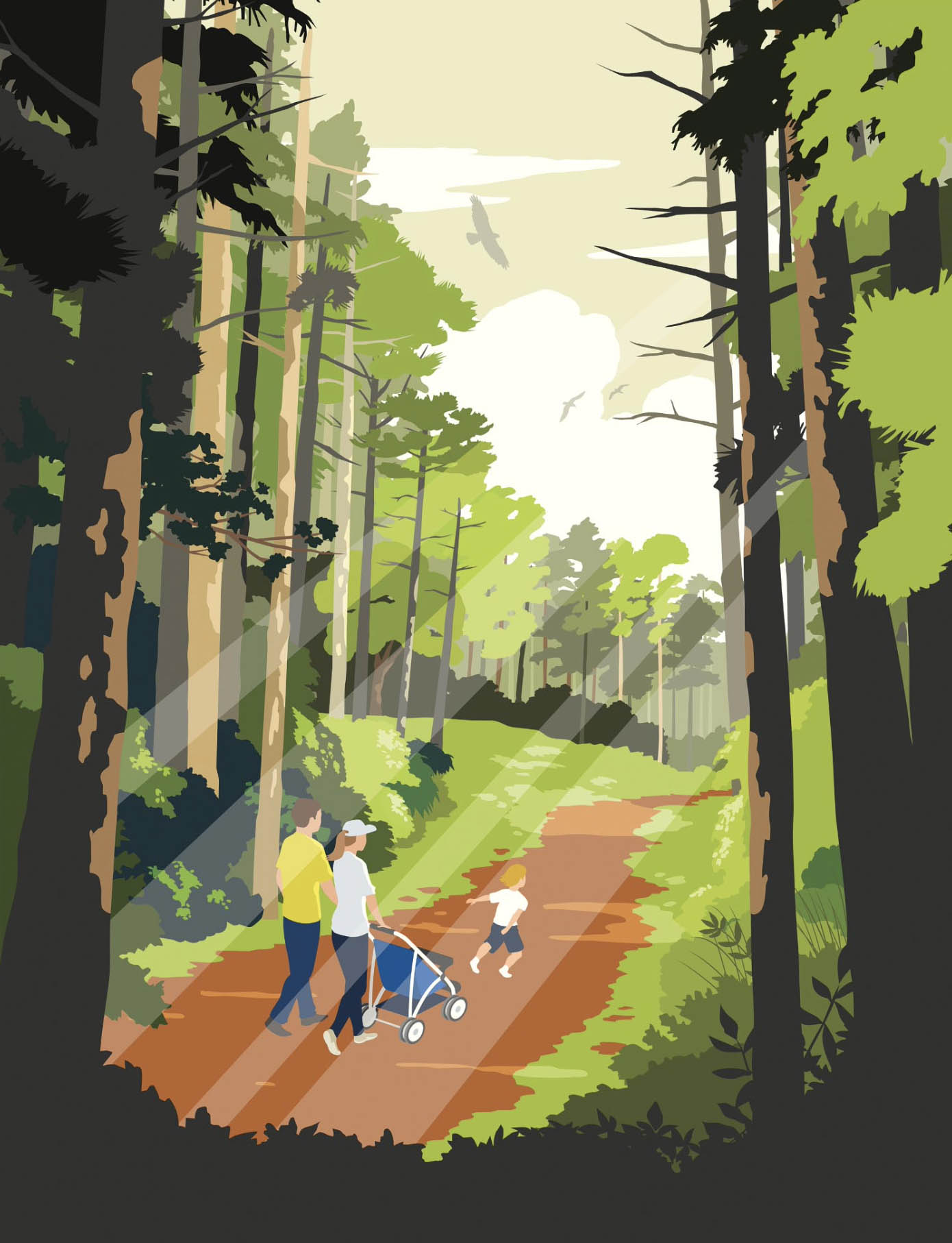 An illustration showing a man and woman pushing a blue stroller while a young child runs ahead in a forest of tall green trees