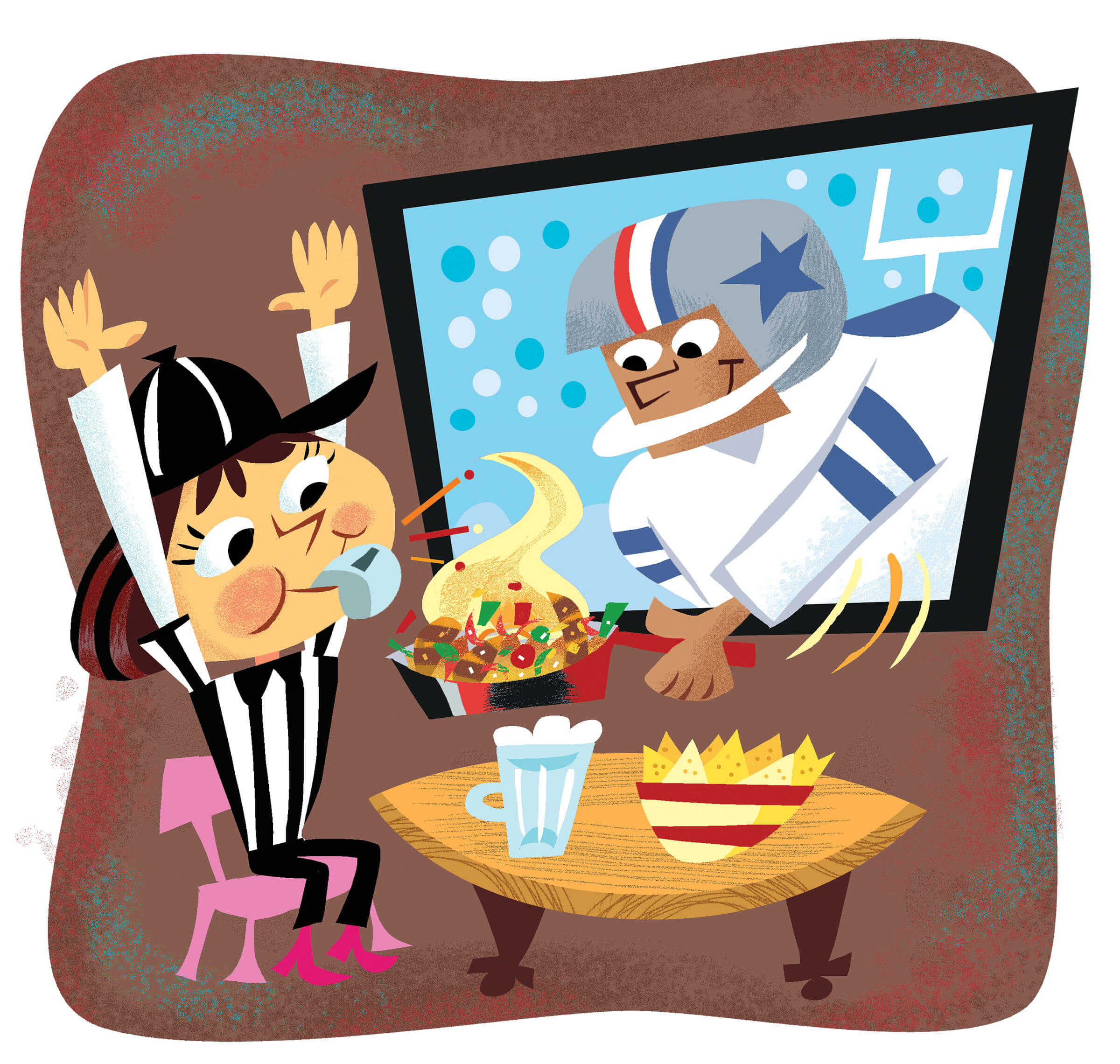 A cartoon illustration of a person in a referee uniform sitting at a table while a footbalal player emerges from a screen and steals a plate of nachos