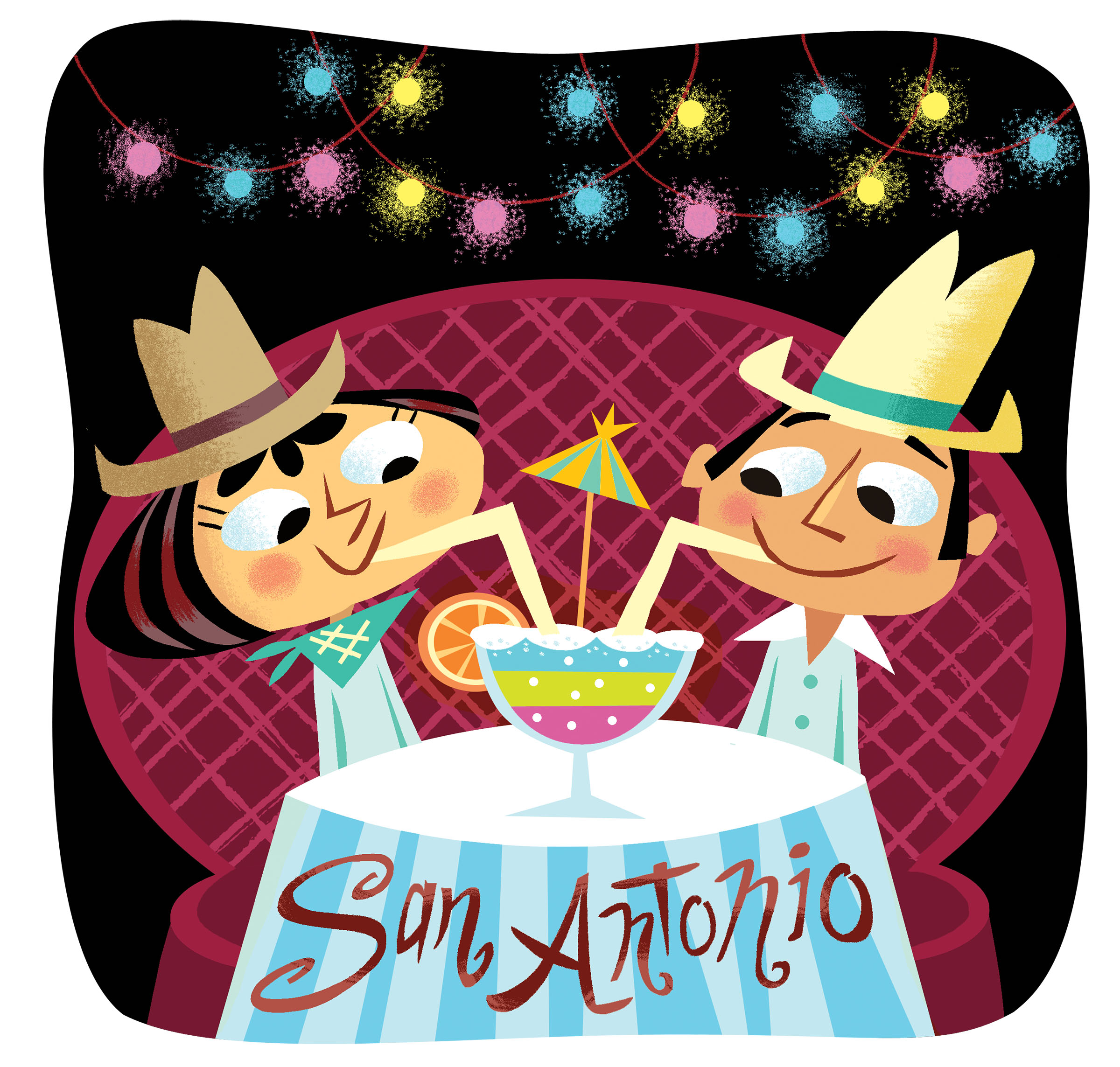 A cartoon illustration of two people sharing a drink with two straws on a tablecloth reading San Antonio