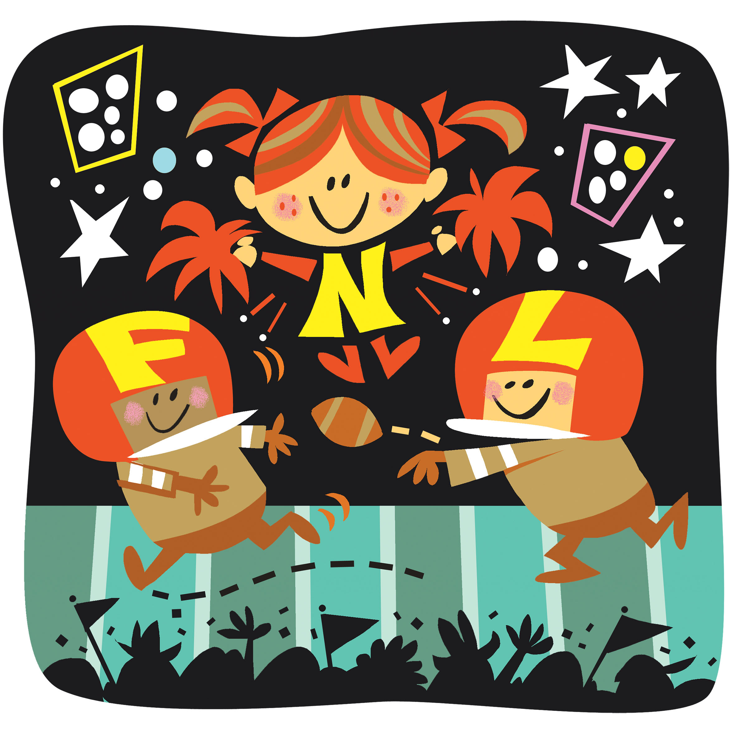 A cartoon illustration of two football players and a cheerleader, spelling the letters "F-N-L"