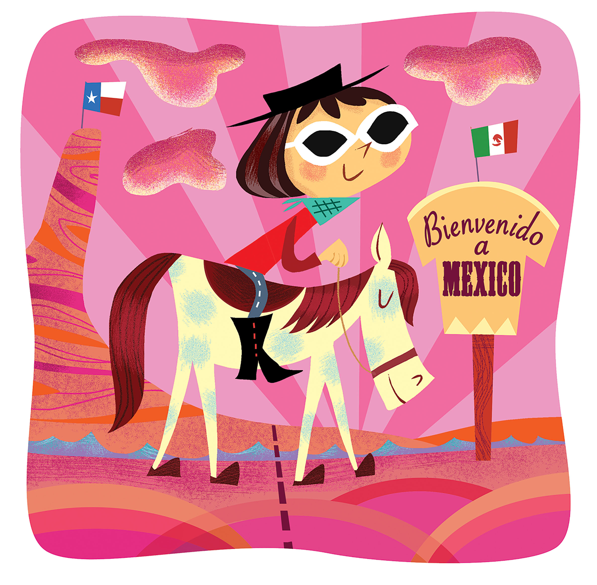 A cartoon illustrationo of a young woman on a horse crossing the U.S./Mexico border with Big Bend in the background