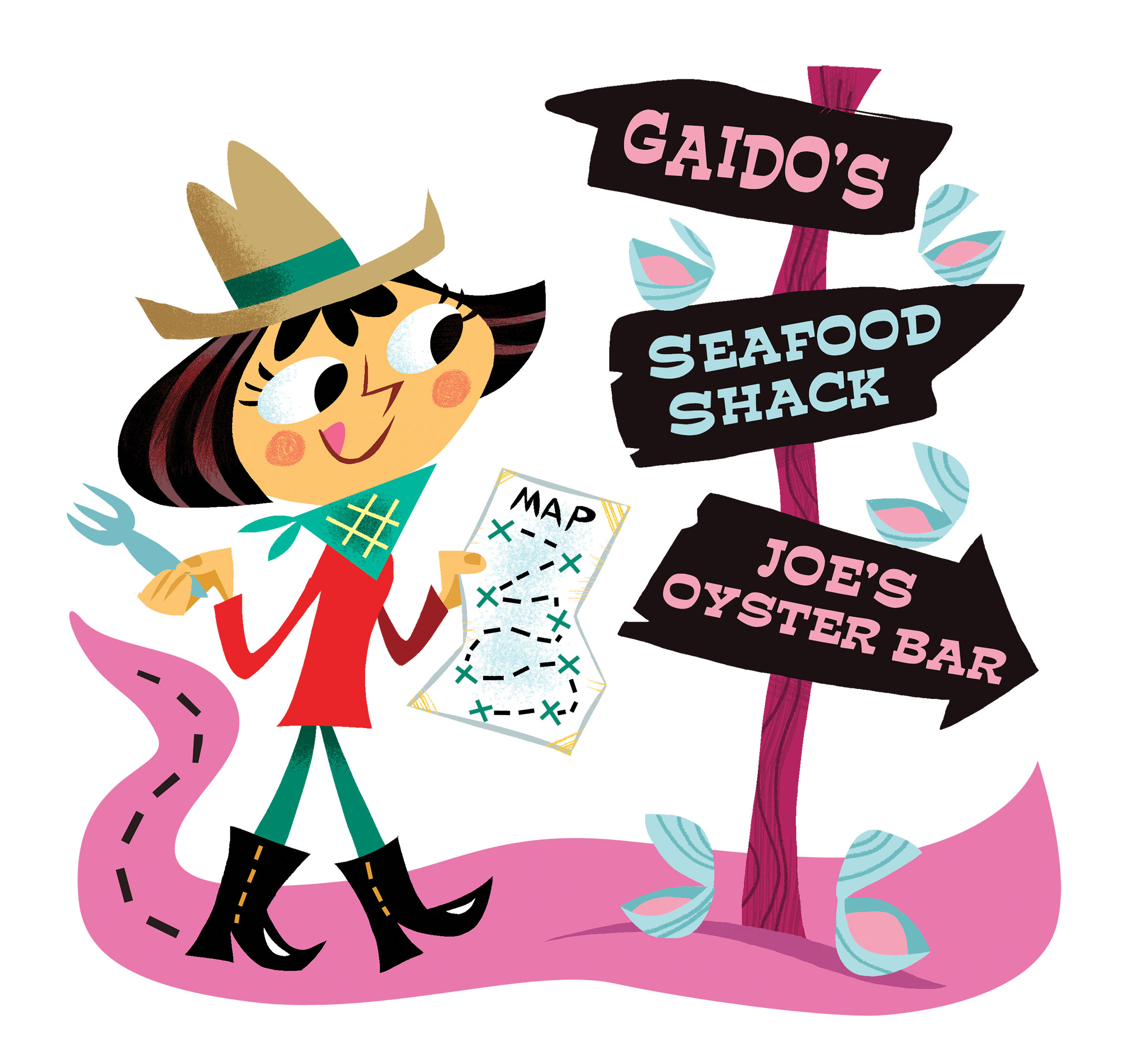 A cartoon illustration of a woman in a cowboy hat looking at a wayfinding sign reading "Gaido's / Seafood Shack / Joe's Oyster Bar"