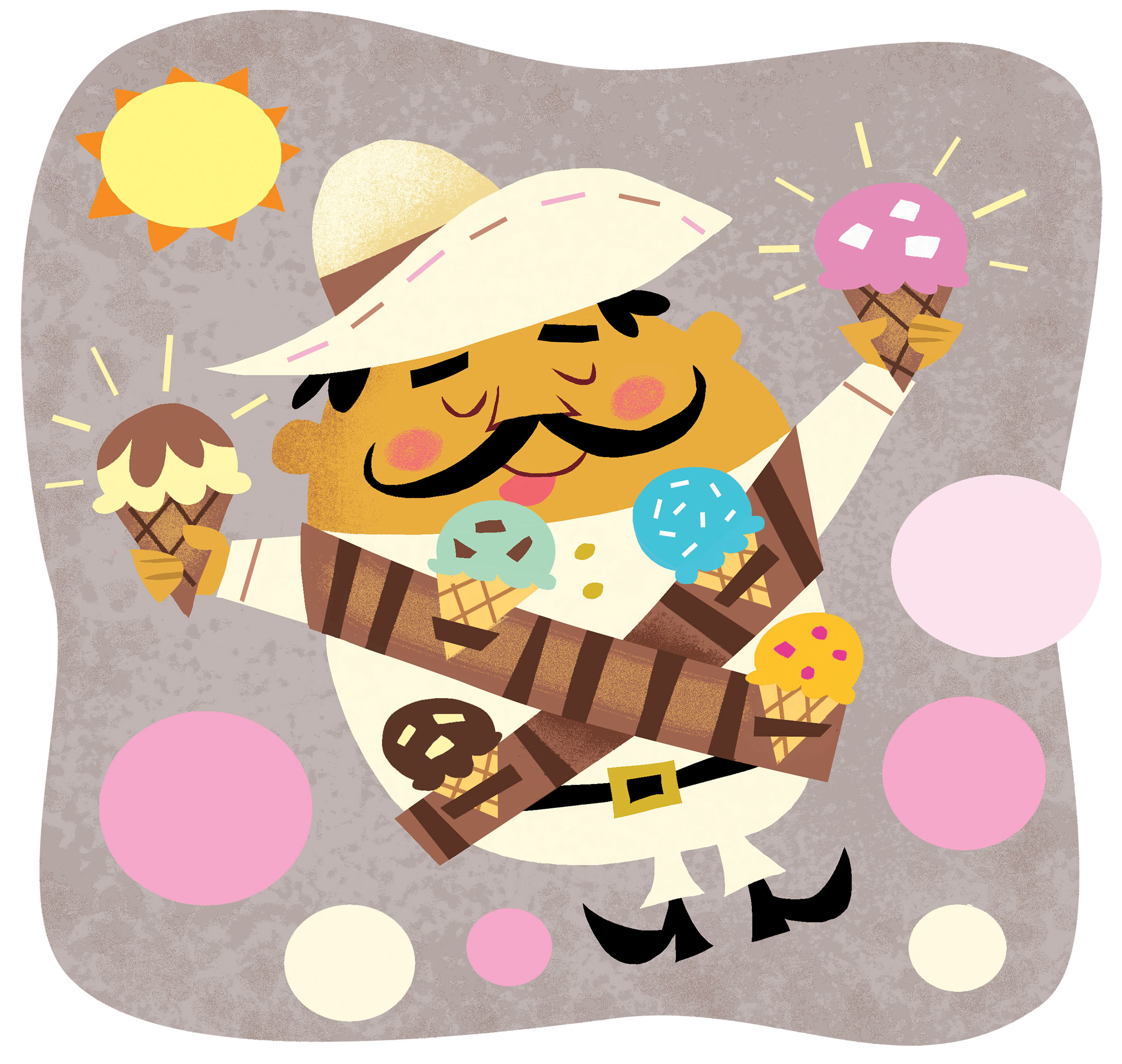 An illustration of a man in a sombrero holding two ice cream cones surrounded by colorful pastel circles