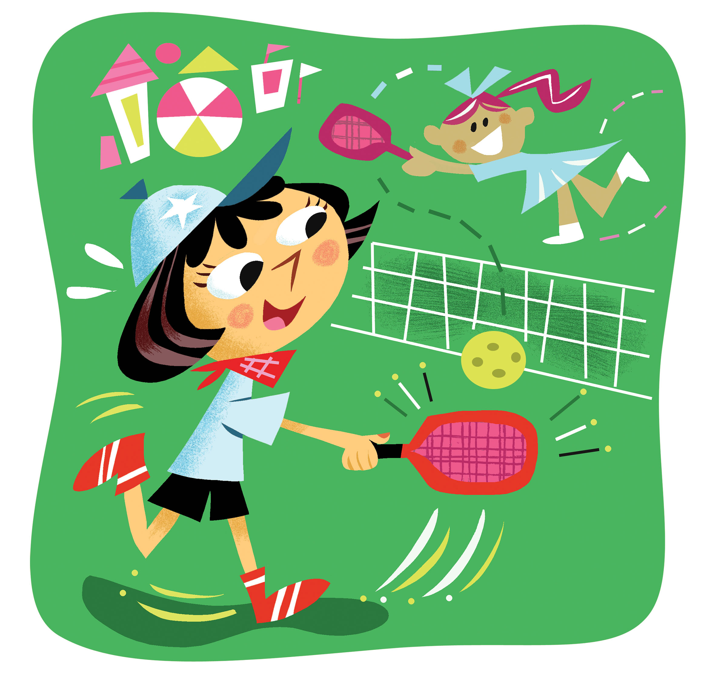 A cartoon illustration of two women playing pickleball