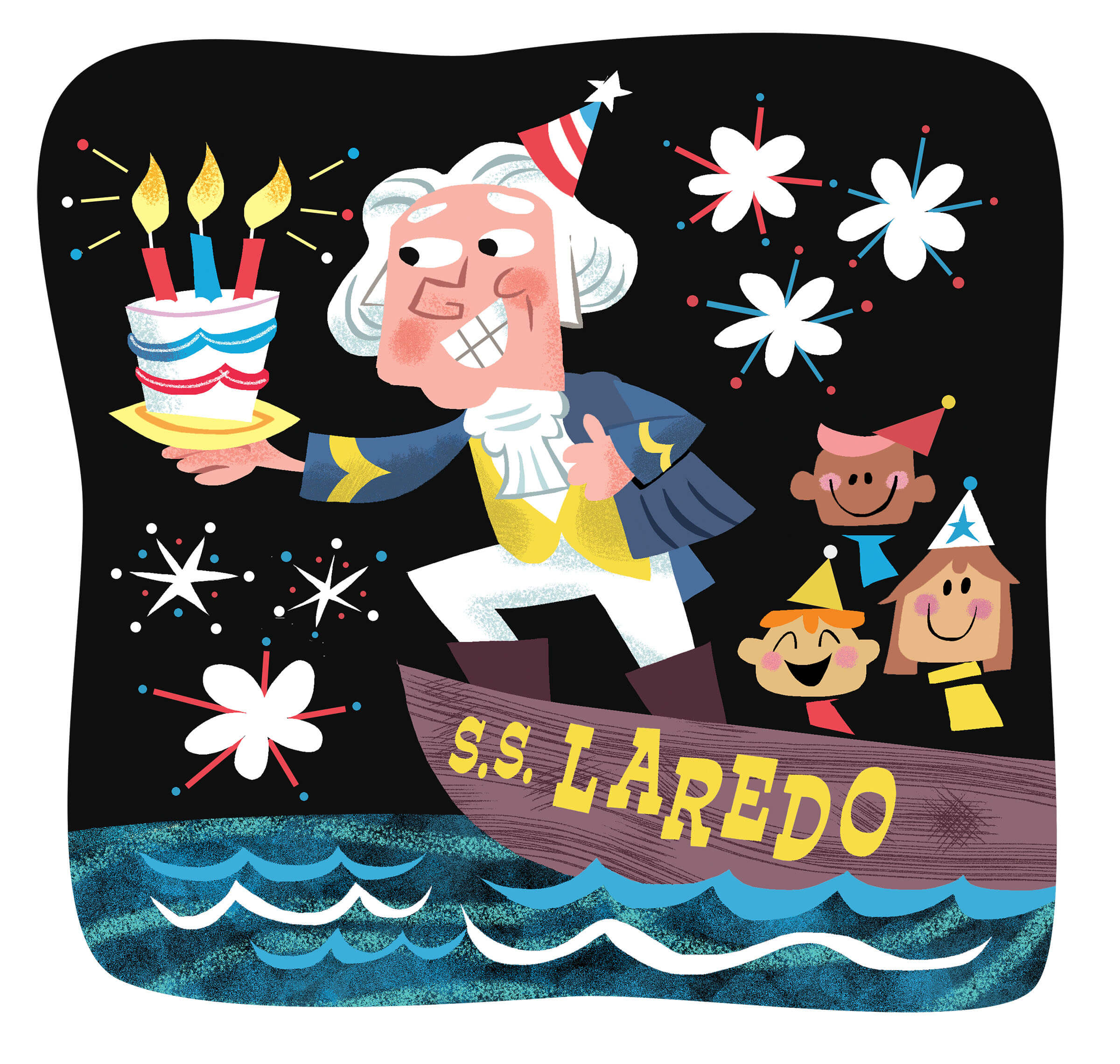 A cartoon illustration of George Washington leaning out of a boat holding a birthday cake with red, white and blue fireworks in the background