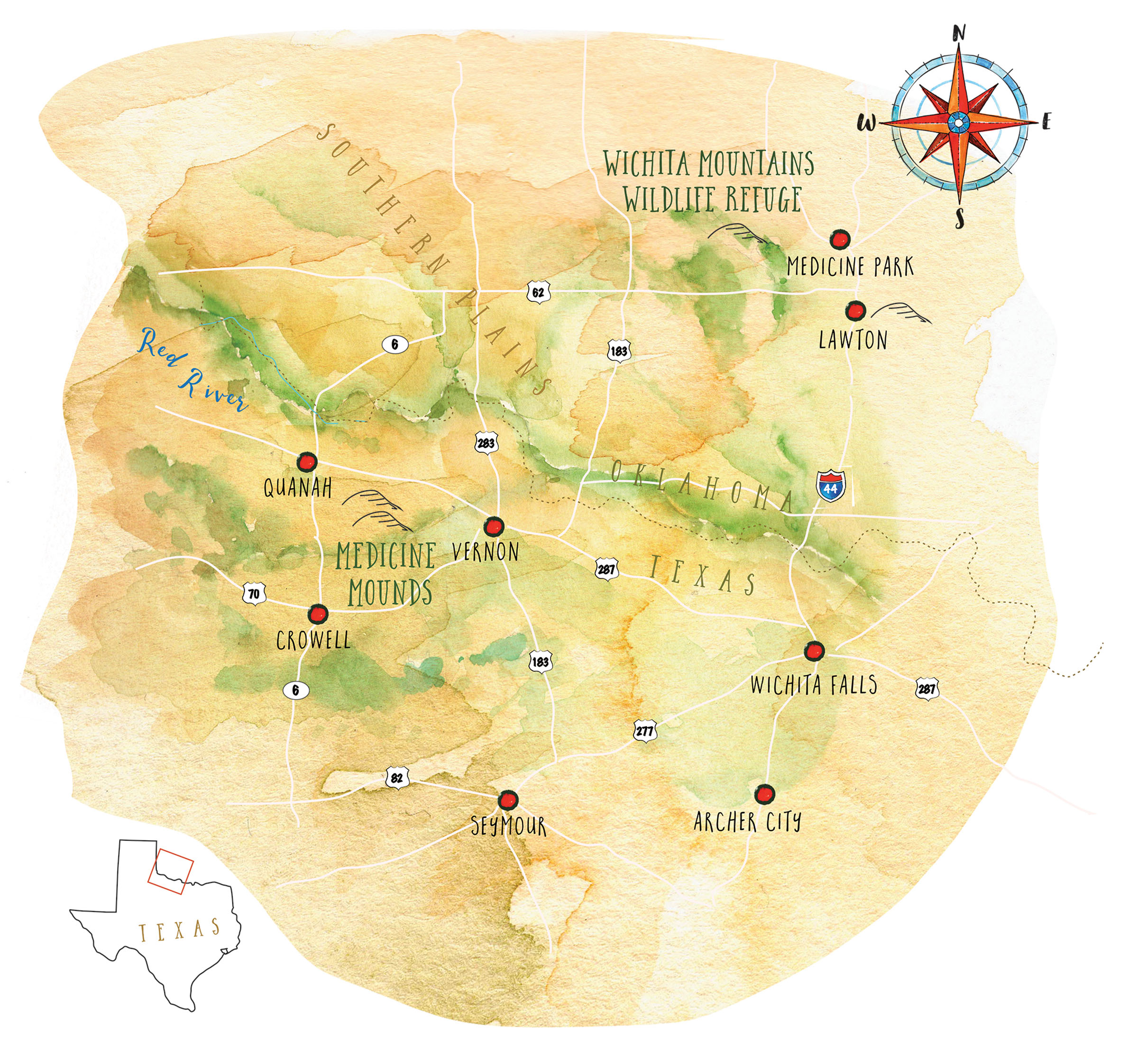 A map detailing important sites of the Comanche, including Quanah, Crowell, Symour, Archer City, Wichita Falls, Lawton OK and Medicine Park OK