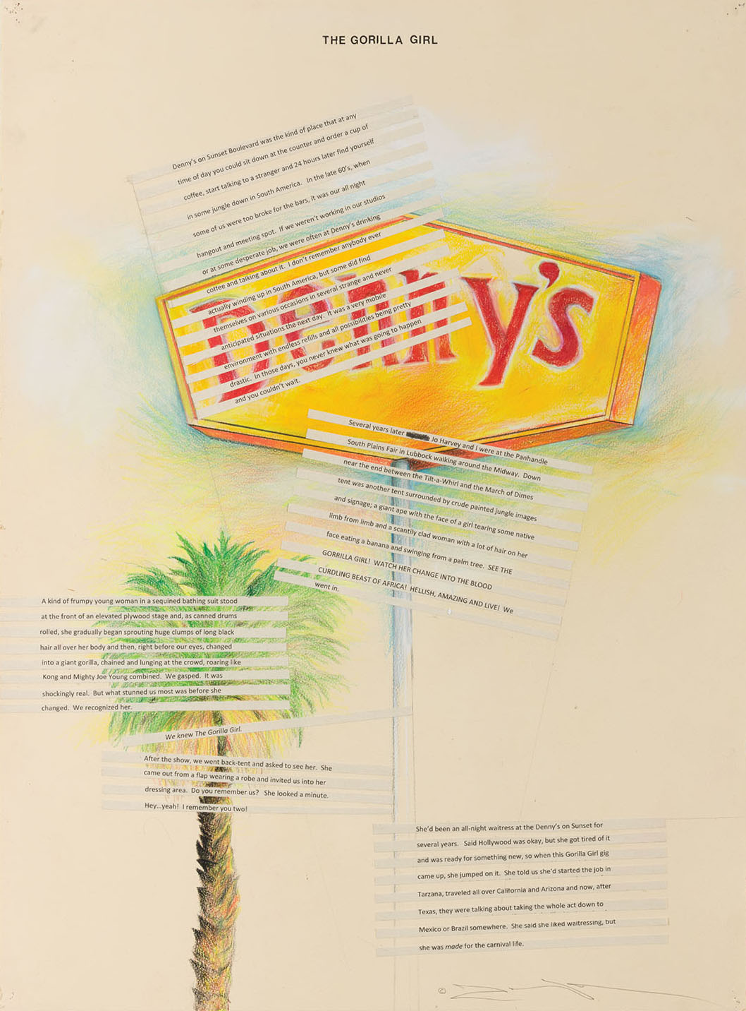 An artwork of a yellow Denny's sign with song lyrics cut up over the top