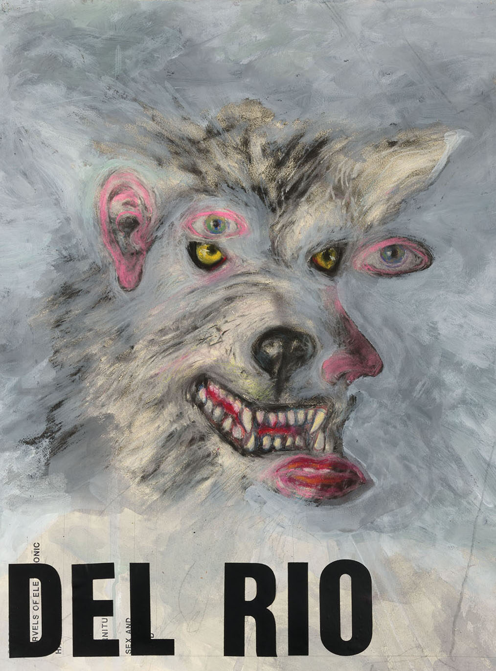 An illustration of a wolf head merging with a human face and large black type reading 'Del Rio'