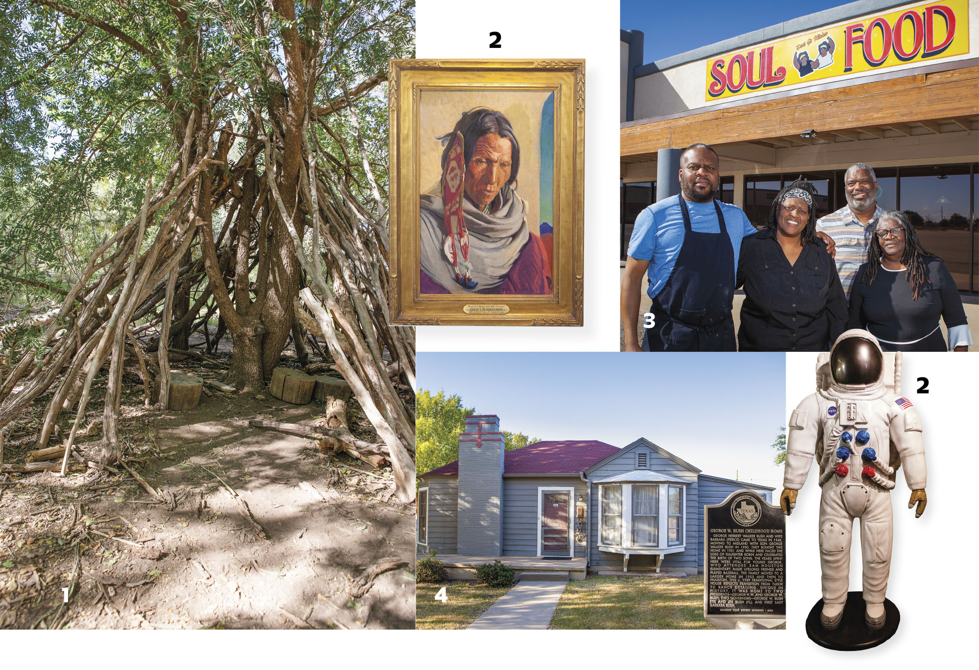 A collection of places and activities in Midland, including an old home, a shelter made of sticks in a tree canopy, a portrait, and two people standing outside of a restaurant