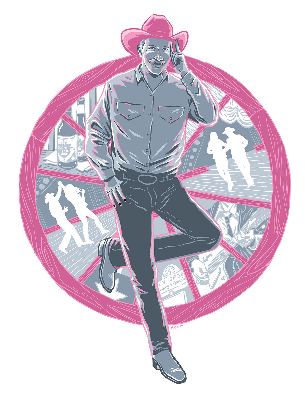 An illustration of a man in a pink cowboy hat in front of an illustrated spoke showing people dancing, beer, and lights