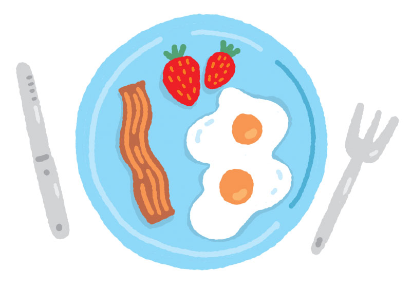 An illustration of a breakfast plate with eggs, strawberries and bacon