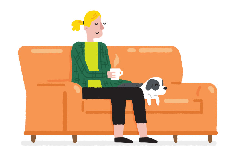 An illustration of a woman and a dog on a couch